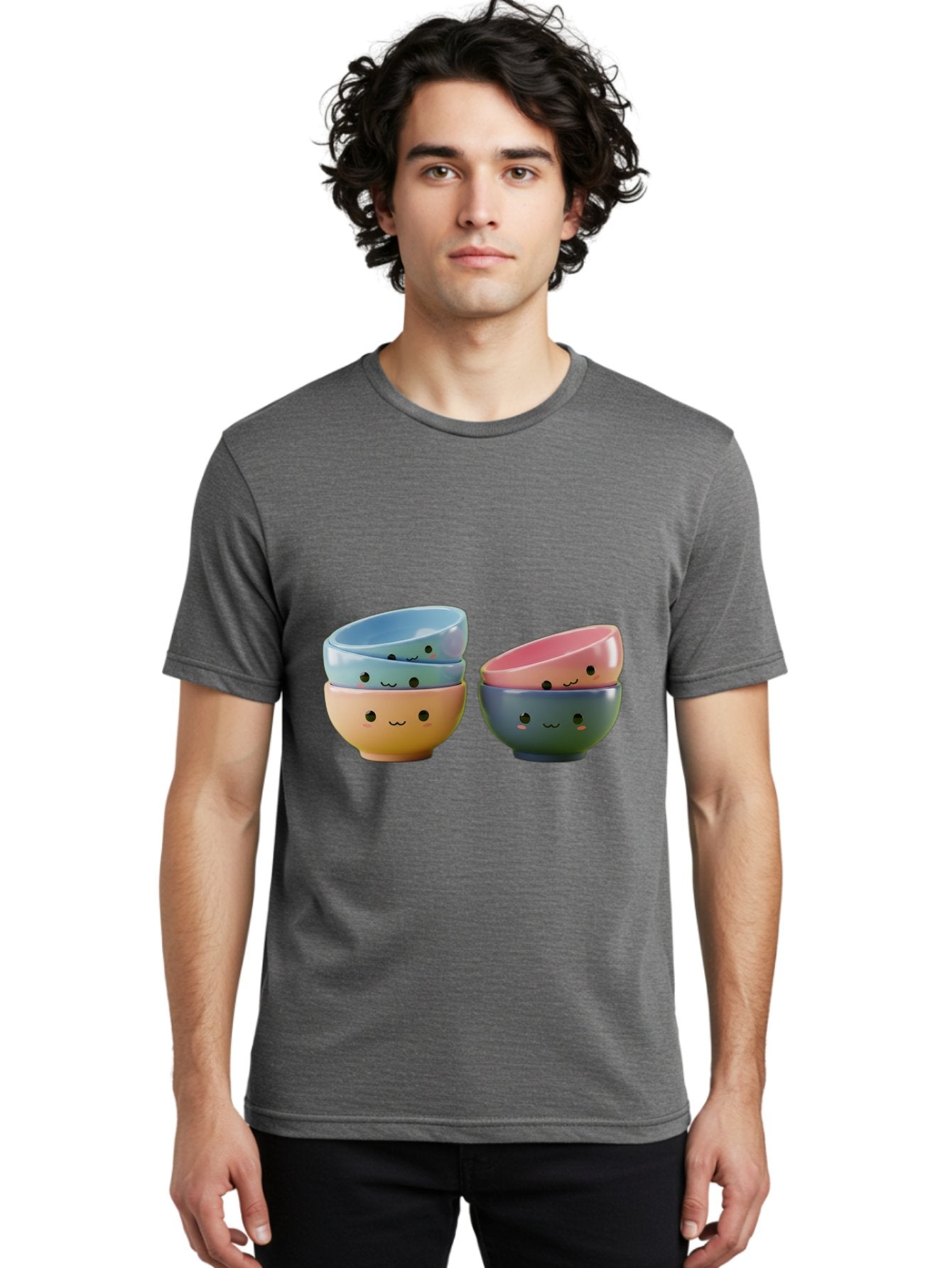Cute-Bowls-2 Men'S Graphic Tee, 100% Cotton, Comfortable Casual Summer Wear, Machine Washable, Stacked Bowls, Ceramic Bowls, Cute Kitchenware, Adorable Faces, Colorful Tableware, Smiling Bowls, Pastel Colors, Kawaii Kitchen, Decorative Bowls, Baa431 23