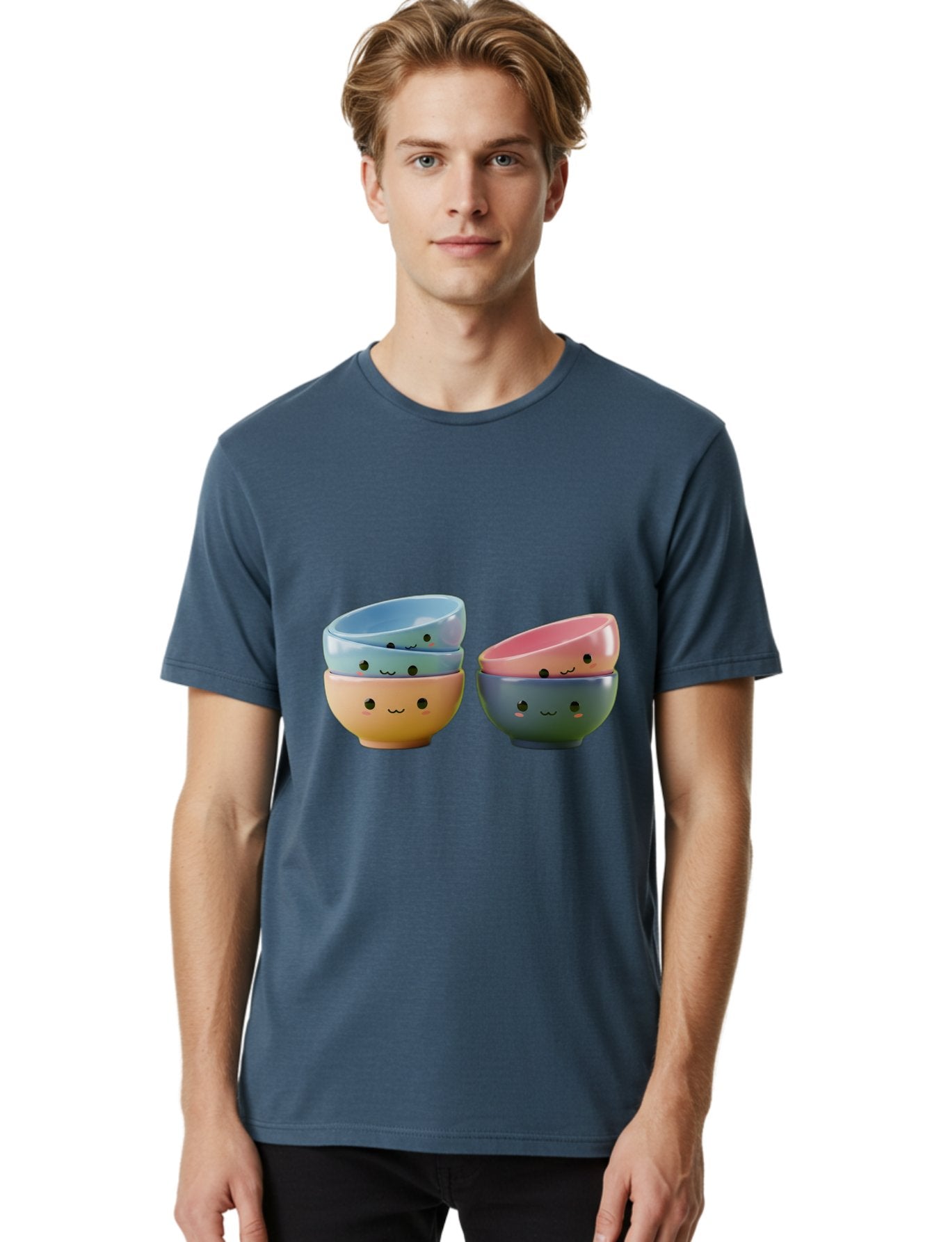 Cute-Bowls-2 Men'S Graphic Tee, 100% Cotton, Comfortable Casual Summer Wear, Machine Washable, Stacked Bowls, Ceramic Bowls, Cute Kitchenware, Adorable Faces, Colorful Tableware, Smiling Bowls, Pastel Colors, Kawaii Kitchen, Decorative Bowls, Baa431 24