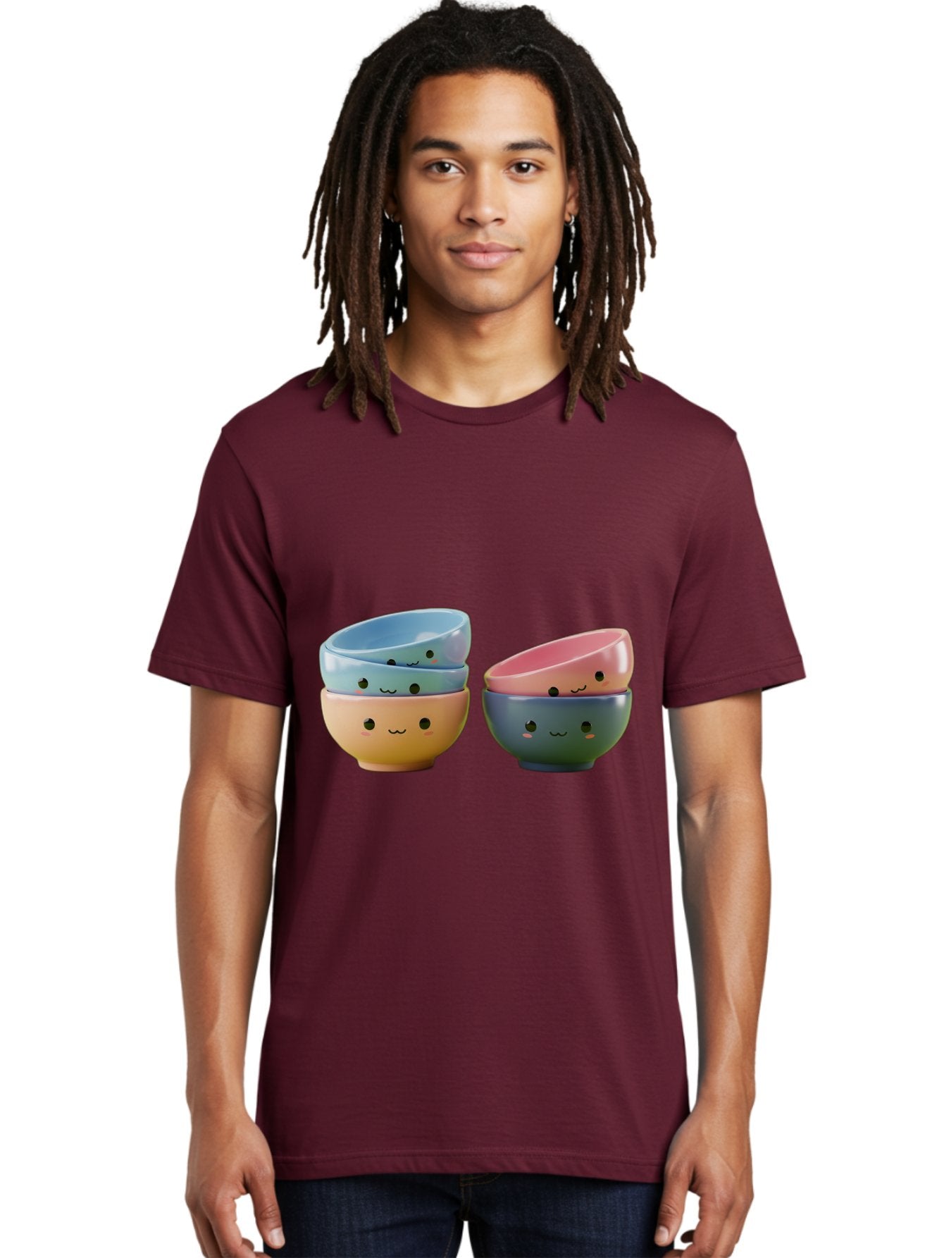 Cute-Bowls-2 Men'S Graphic Tee, 100% Cotton, Comfortable Casual Summer Wear, Machine Washable, Stacked Bowls, Ceramic Bowls, Cute Kitchenware, Adorable Faces, Colorful Tableware, Smiling Bowls, Pastel Colors, Kawaii Kitchen, Decorative Bowls, Baa431 21
