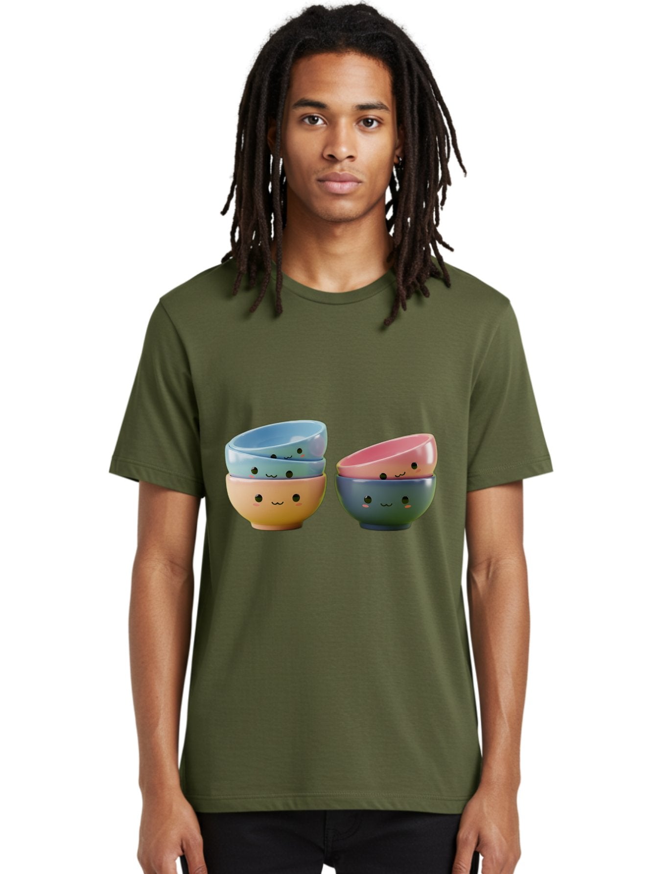 Cute-Bowls-2 Men'S Graphic Tee, 100% Cotton, Comfortable Casual Summer Wear, Machine Washable, Stacked Bowls, Ceramic Bowls, Cute Kitchenware, Adorable Faces, Colorful Tableware, Smiling Bowls, Pastel Colors, Kawaii Kitchen, Decorative Bowls, Baa431 17