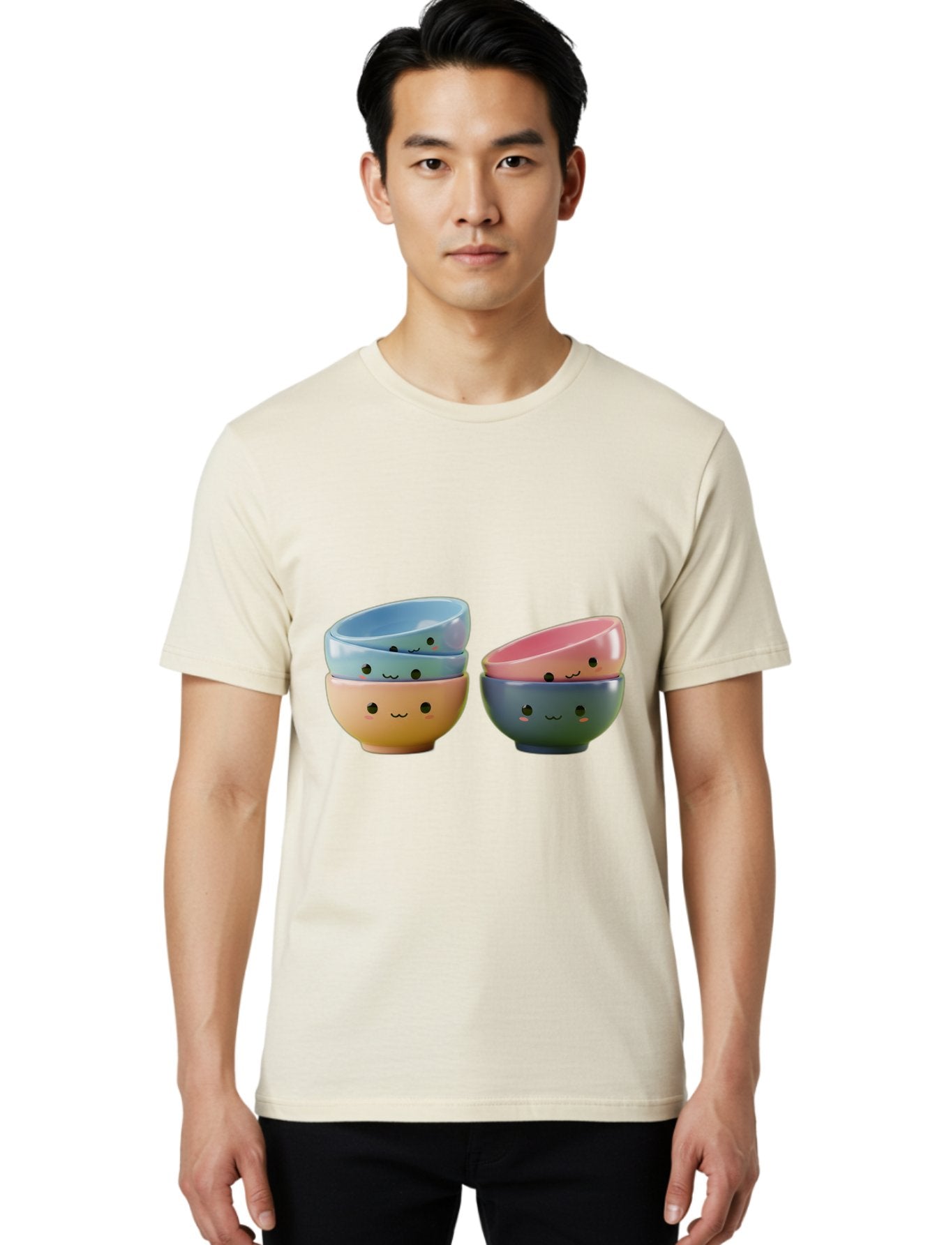 Cute-Bowls-2 Men'S Graphic Tee, 100% Cotton, Comfortable Casual Summer Wear, Machine Washable, Stacked Bowls, Ceramic Bowls, Cute Kitchenware, Adorable Faces, Colorful Tableware, Smiling Bowls, Pastel Colors, Kawaii Kitchen, Decorative Bowls, Baa431 22