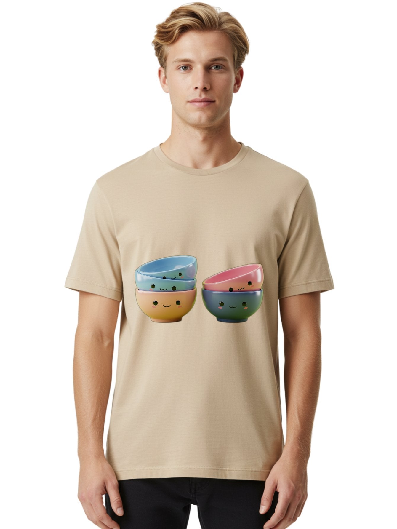 Cute-Bowls-2 Men'S Graphic Tee, 100% Cotton, Comfortable Casual Summer Wear, Machine Washable, Stacked Bowls, Ceramic Bowls, Cute Kitchenware, Adorable Faces, Colorful Tableware, Smiling Bowls, Pastel Colors, Kawaii Kitchen, Decorative Bowls, Baa431 29