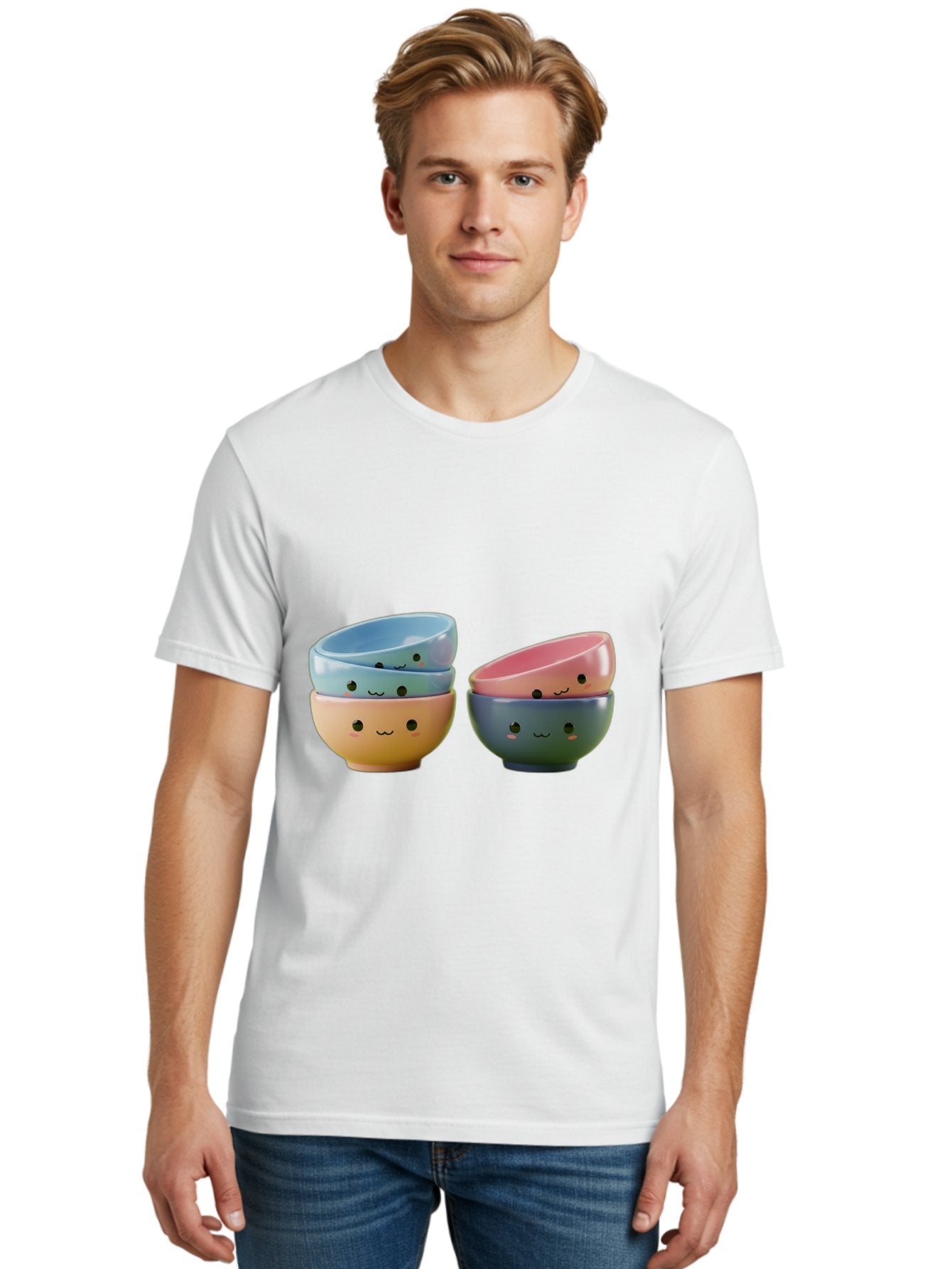 Cute-Bowls-2 Men'S Graphic Tee, 100% Cotton, Comfortable Casual Summer Wear, Machine Washable, Stacked Bowls, Ceramic Bowls, Cute Kitchenware, Adorable Faces, Colorful Tableware, Smiling Bowls, Pastel Colors, Kawaii Kitchen, Decorative Bowls, Baa431 19