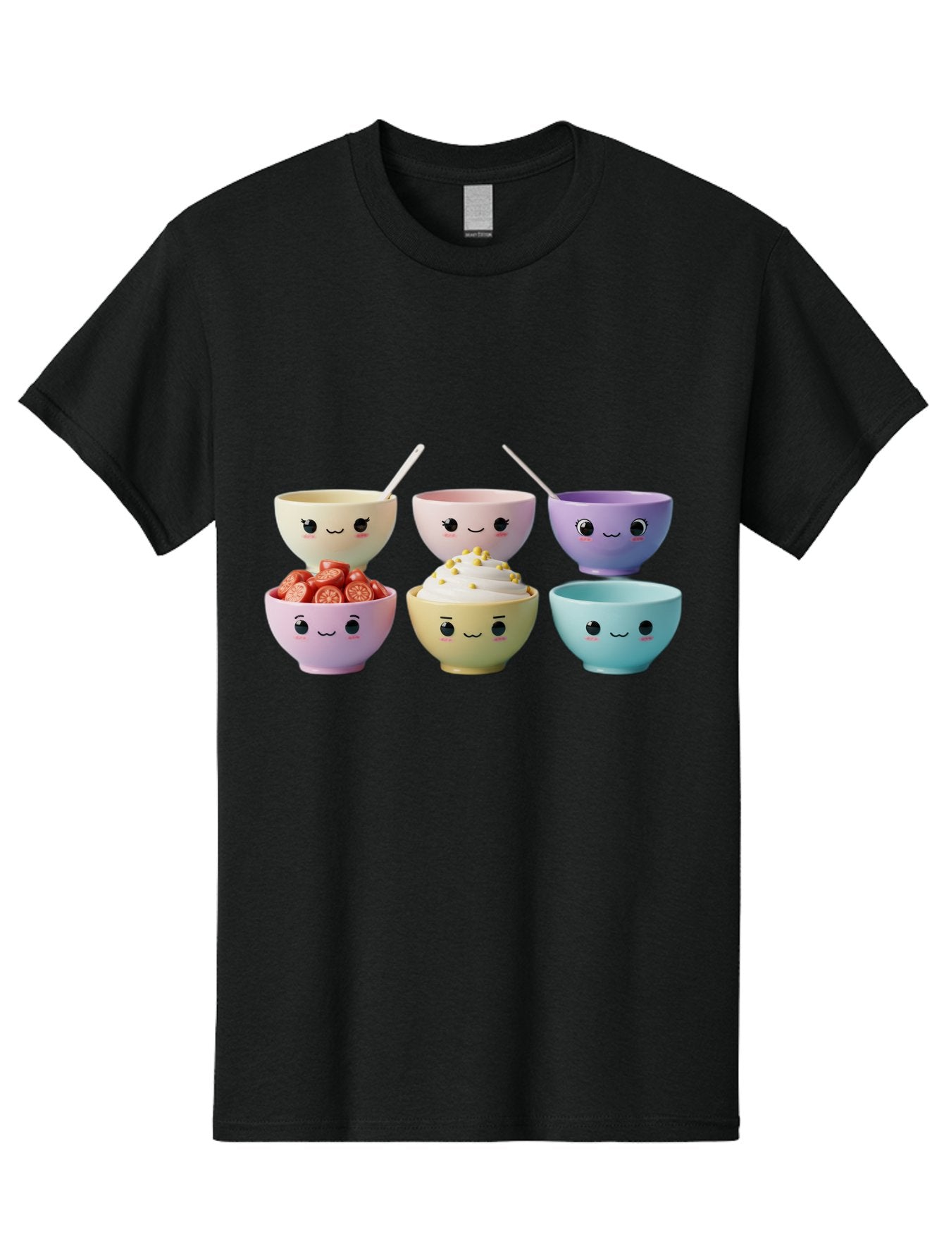 Cute-Bowls Men'S Graphic Tee, 100% Cotton, Comfortable Casual Summer Wear, Machine Washable, Cute Bowls, Dessert Bowls, Ice Cream Bowls, Cartoon Faces, Pastel Colors, Smiling Bowls, Food Bowls, Sweet Treats, Yogurt Bowls, Cartoon Desserts Baa432