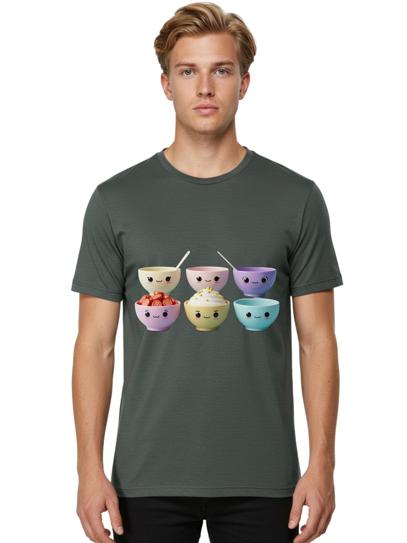 Cute-Bowls Men'S Graphic Tee, 100% Cotton, Comfortable Casual Summer Wear, Machine Washable, Cute Bowls, Dessert Bowls, Ice Cream Bowls, Cartoon Faces, Pastel Colors, Smiling Bowls, Food Bowls, Sweet Treats, Yogurt Bowls, Cartoon Desserts Baa432 16