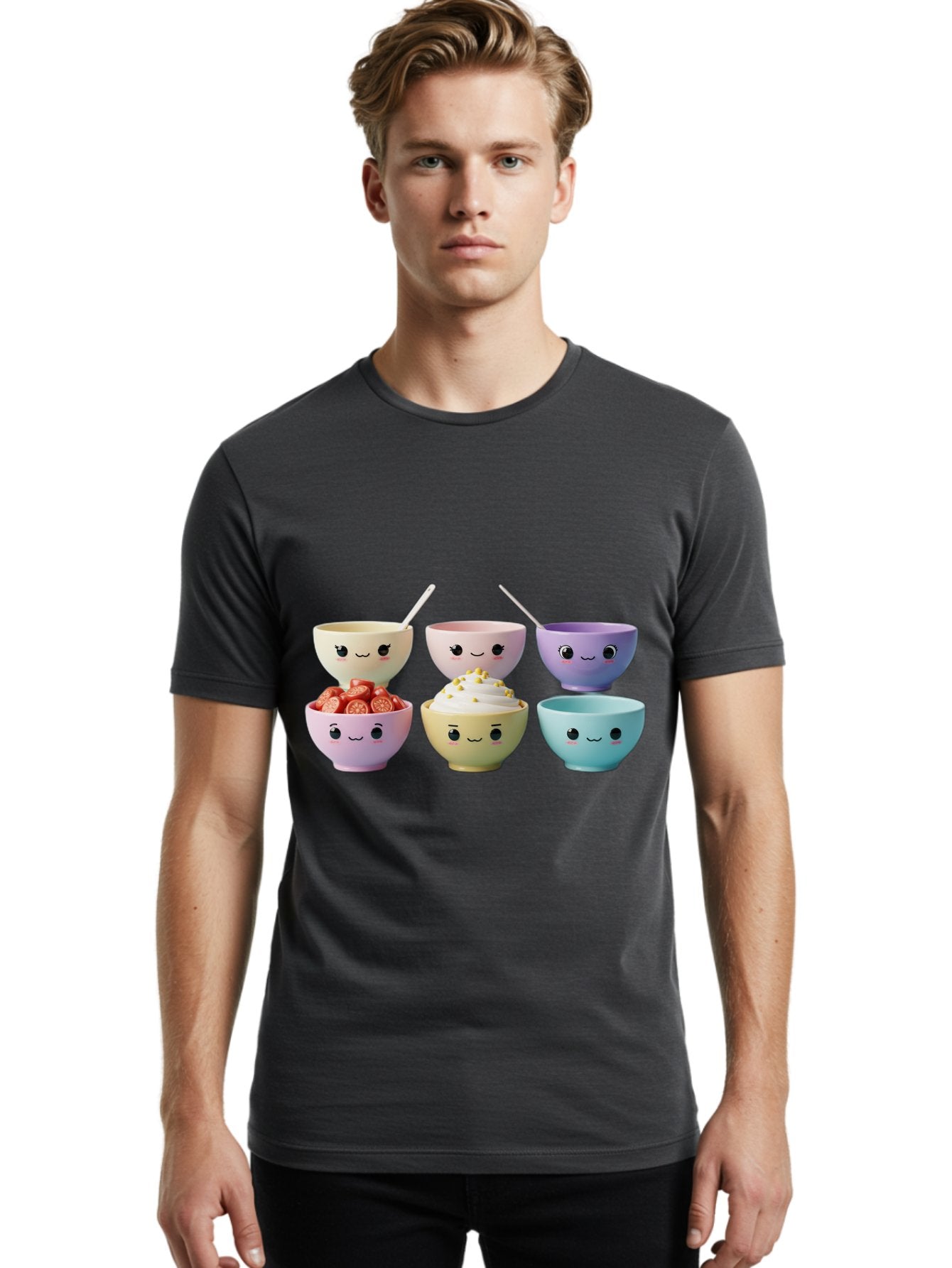 Cute-Bowls Men'S Graphic Tee, 100% Cotton, Comfortable Casual Summer Wear, Machine Washable, Cute Bowls, Dessert Bowls, Ice Cream Bowls, Cartoon Faces, Pastel Colors, Smiling Bowls, Food Bowls, Sweet Treats, Yogurt Bowls, Cartoon Desserts Baa432 18