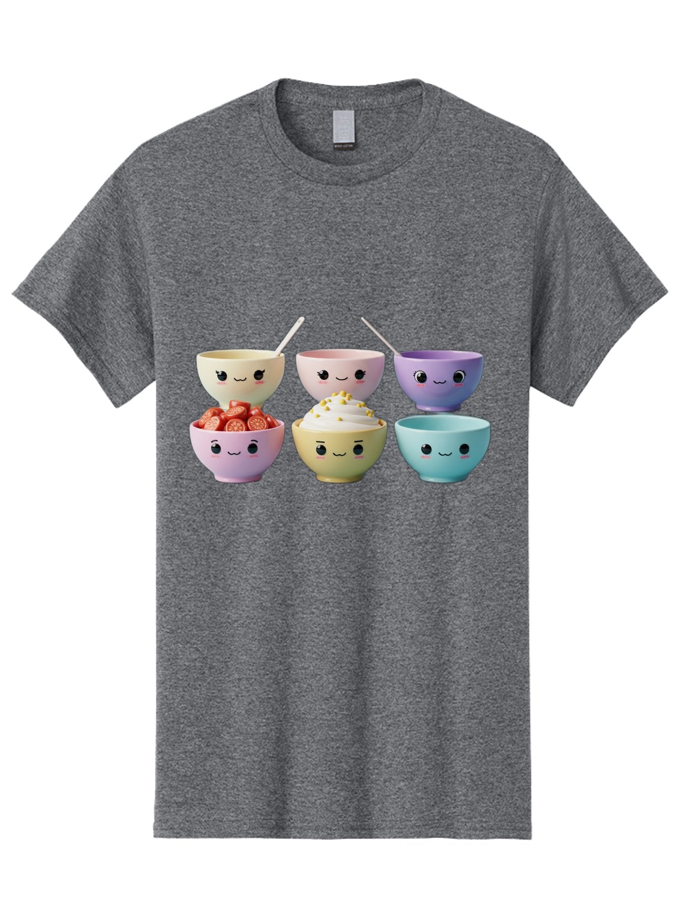 Cute-Bowls Men'S Graphic Tee, 100% Cotton, Comfortable Casual Summer Wear, Machine Washable, Cute Bowls, Dessert Bowls, Ice Cream Bowls, Cartoon Faces, Pastel Colors, Smiling Bowls, Food Bowls, Sweet Treats, Yogurt Bowls, Cartoon Desserts Baa432 11