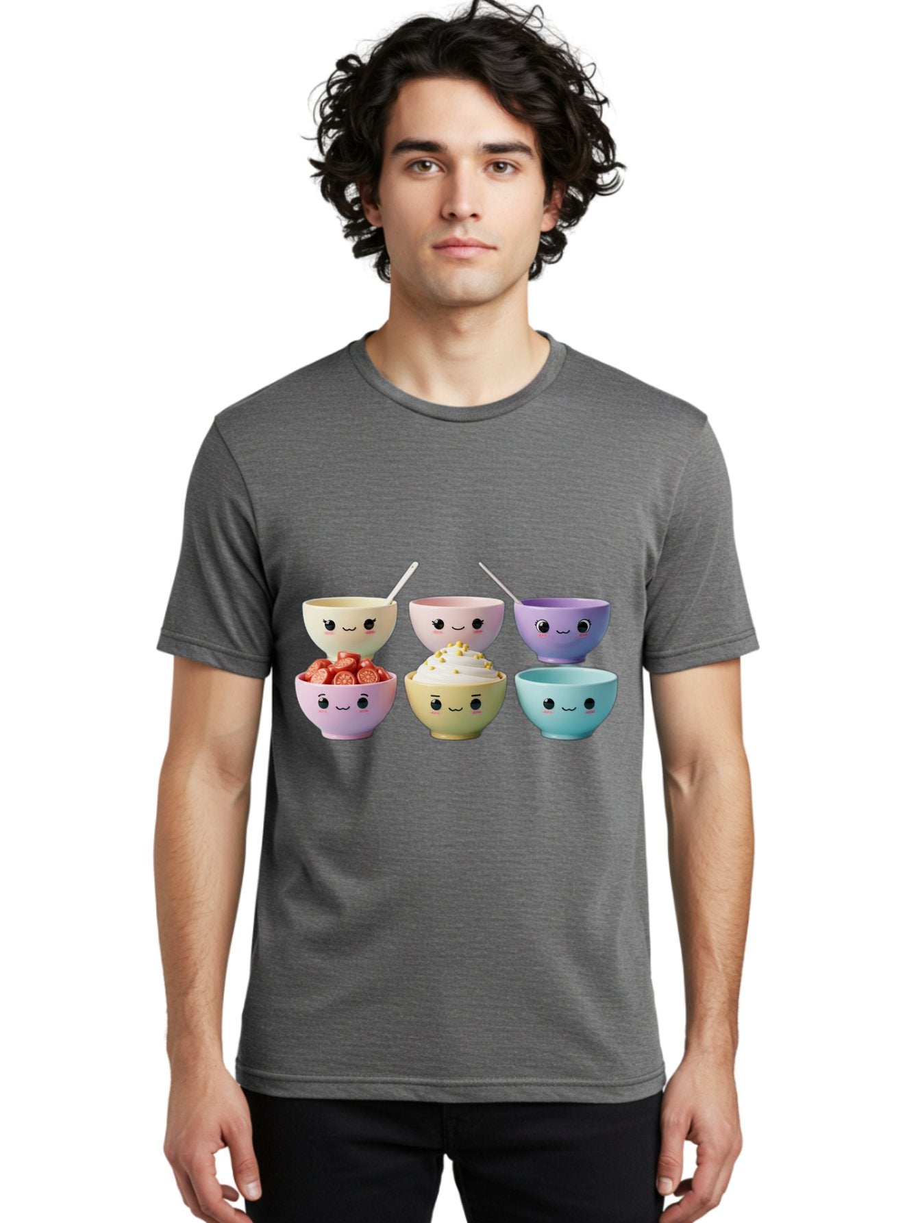 Cute-Bowls Men'S Graphic Tee, 100% Cotton, Comfortable Casual Summer Wear, Machine Washable, Cute Bowls, Dessert Bowls, Ice Cream Bowls, Cartoon Faces, Pastel Colors, Smiling Bowls, Food Bowls, Sweet Treats, Yogurt Bowls, Cartoon Desserts Baa432 27