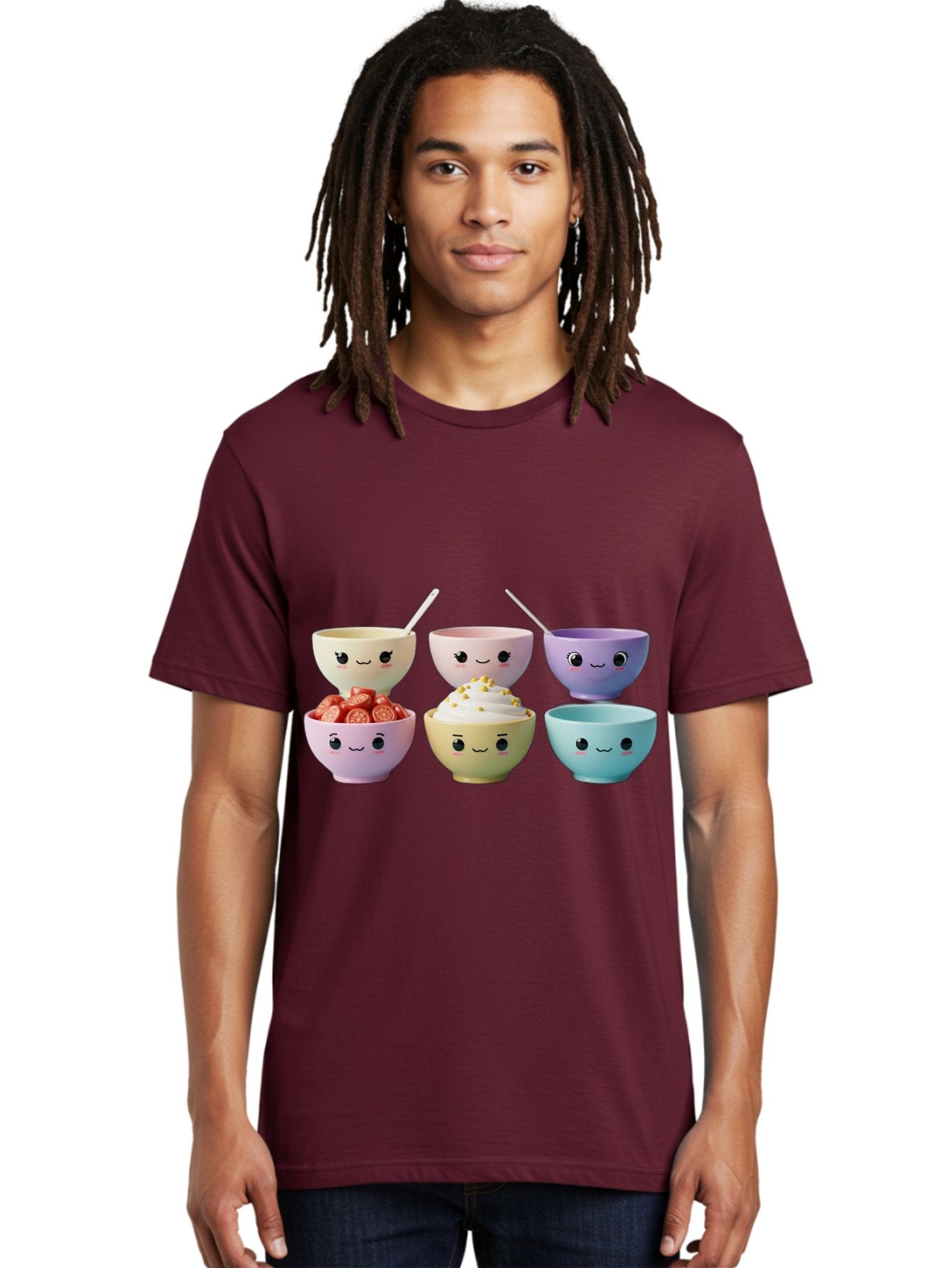 Cute-Bowls Men'S Graphic Tee, 100% Cotton, Comfortable Casual Summer Wear, Machine Washable, Cute Bowls, Dessert Bowls, Ice Cream Bowls, Cartoon Faces, Pastel Colors, Smiling Bowls, Food Bowls, Sweet Treats, Yogurt Bowls, Cartoon Desserts Baa432 25