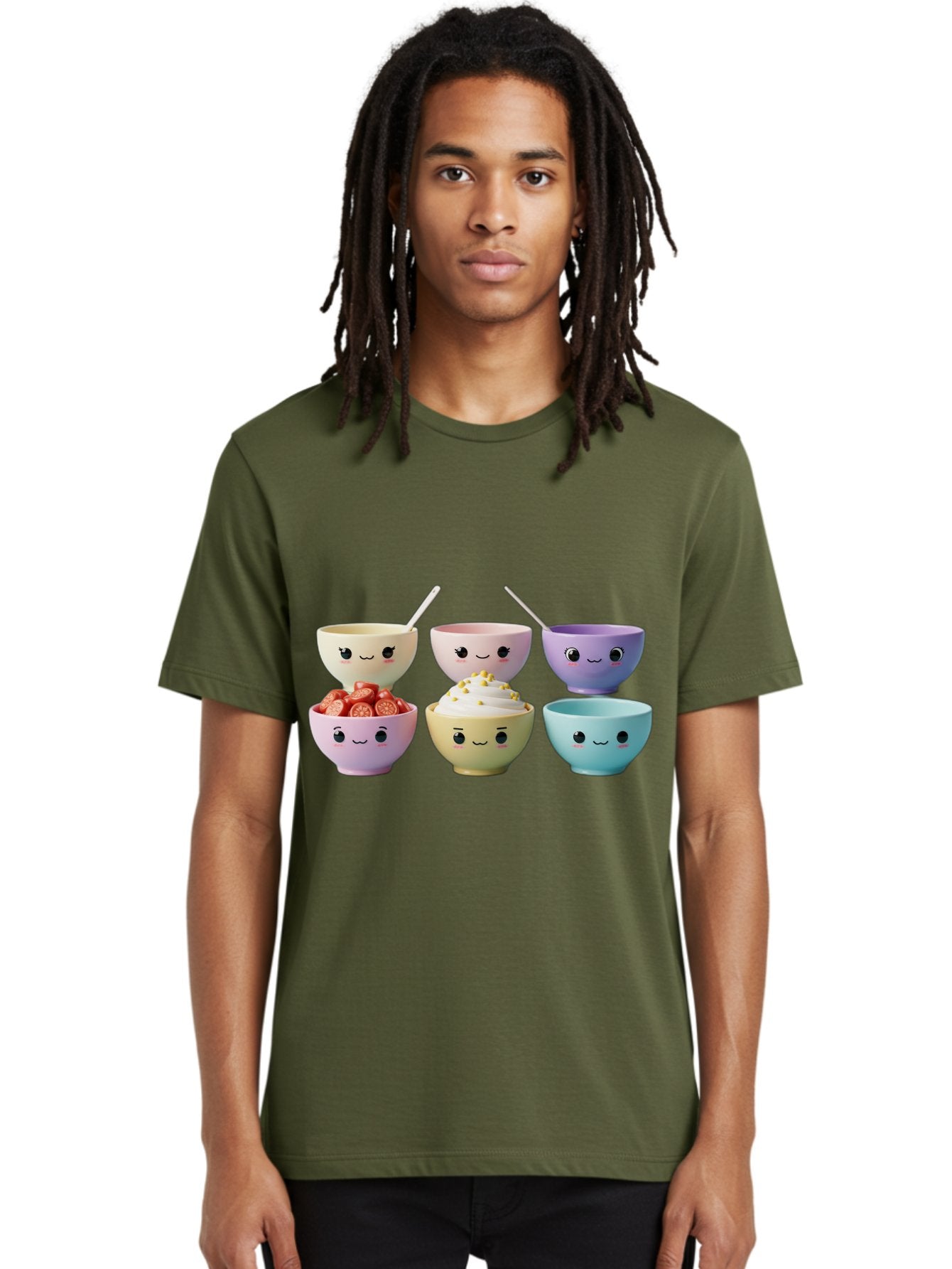 Cute-Bowls Men'S Graphic Tee, 100% Cotton, Comfortable Casual Summer Wear, Machine Washable, Cute Bowls, Dessert Bowls, Ice Cream Bowls, Cartoon Faces, Pastel Colors, Smiling Bowls, Food Bowls, Sweet Treats, Yogurt Bowls, Cartoon Desserts Baa432 22