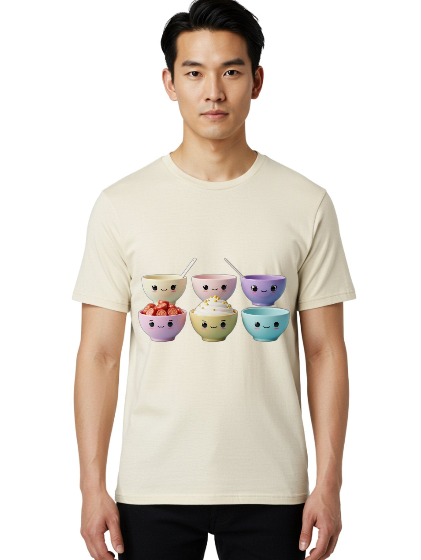 Cute-Bowls Men'S Graphic Tee, 100% Cotton, Comfortable Casual Summer Wear, Machine Washable, Cute Bowls, Dessert Bowls, Ice Cream Bowls, Cartoon Faces, Pastel Colors, Smiling Bowls, Food Bowls, Sweet Treats, Yogurt Bowls, Cartoon Desserts Baa432 17