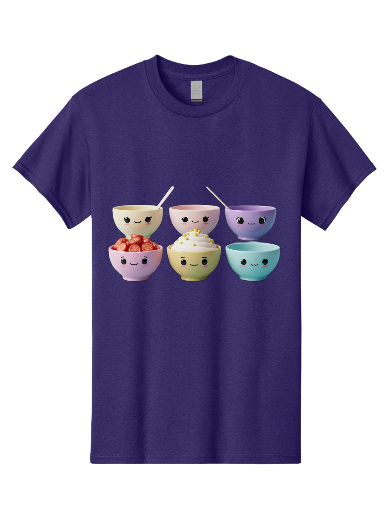 Cute-Bowls Men'S Graphic Tee, 100% Cotton, Comfortable Casual Summer Wear, Machine Washable, Cute Bowls, Dessert Bowls, Ice Cream Bowls, Cartoon Faces, Pastel Colors, Smiling Bowls, Food Bowls, Sweet Treats, Yogurt Bowls, Cartoon Desserts Baa432