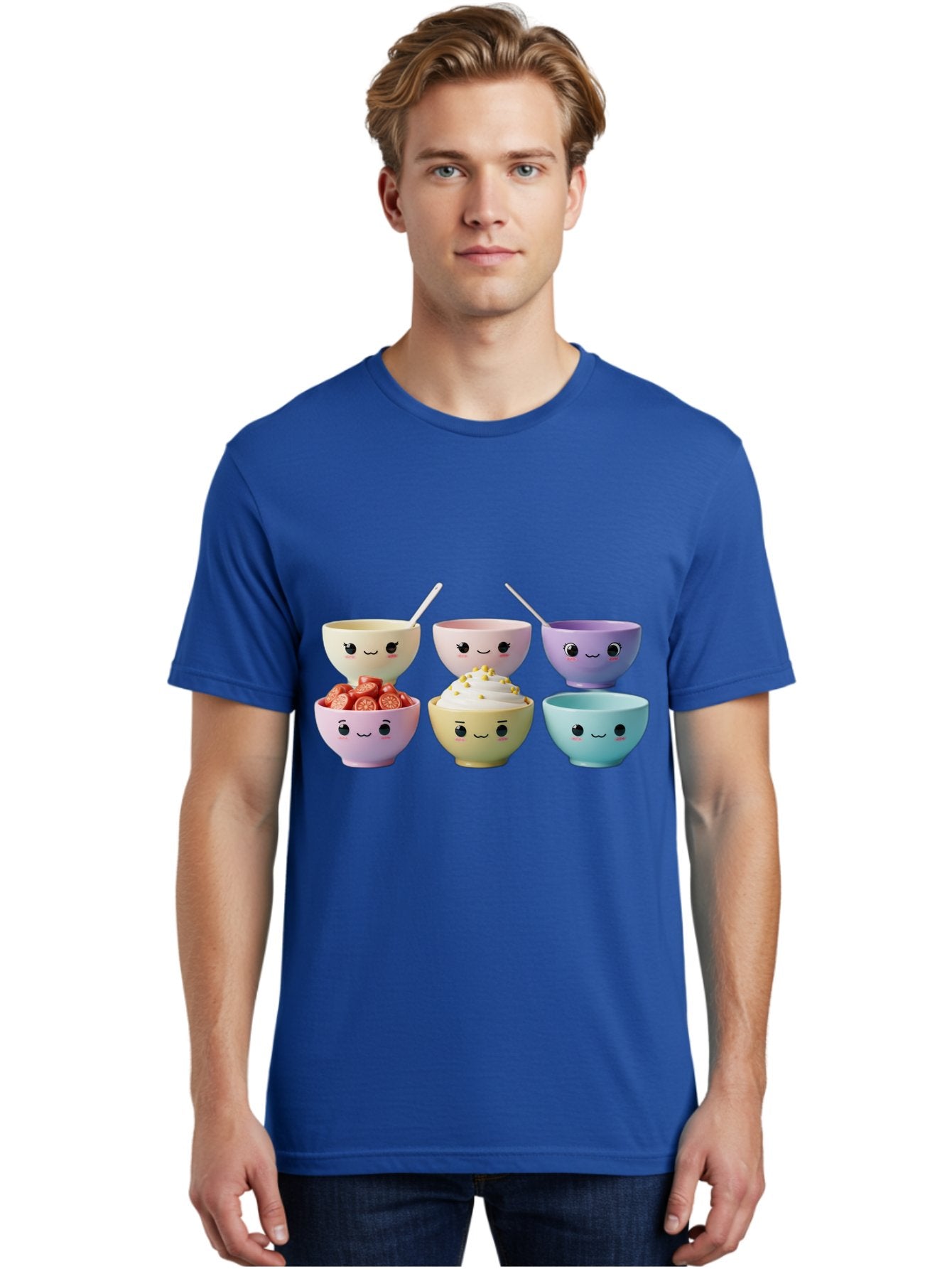 Cute-Bowls Men'S Graphic Tee, 100% Cotton, Comfortable Casual Summer Wear, Machine Washable, Cute Bowls, Dessert Bowls, Ice Cream Bowls, Cartoon Faces, Pastel Colors, Smiling Bowls, Food Bowls, Sweet Treats, Yogurt Bowls, Cartoon Desserts Baa432 30