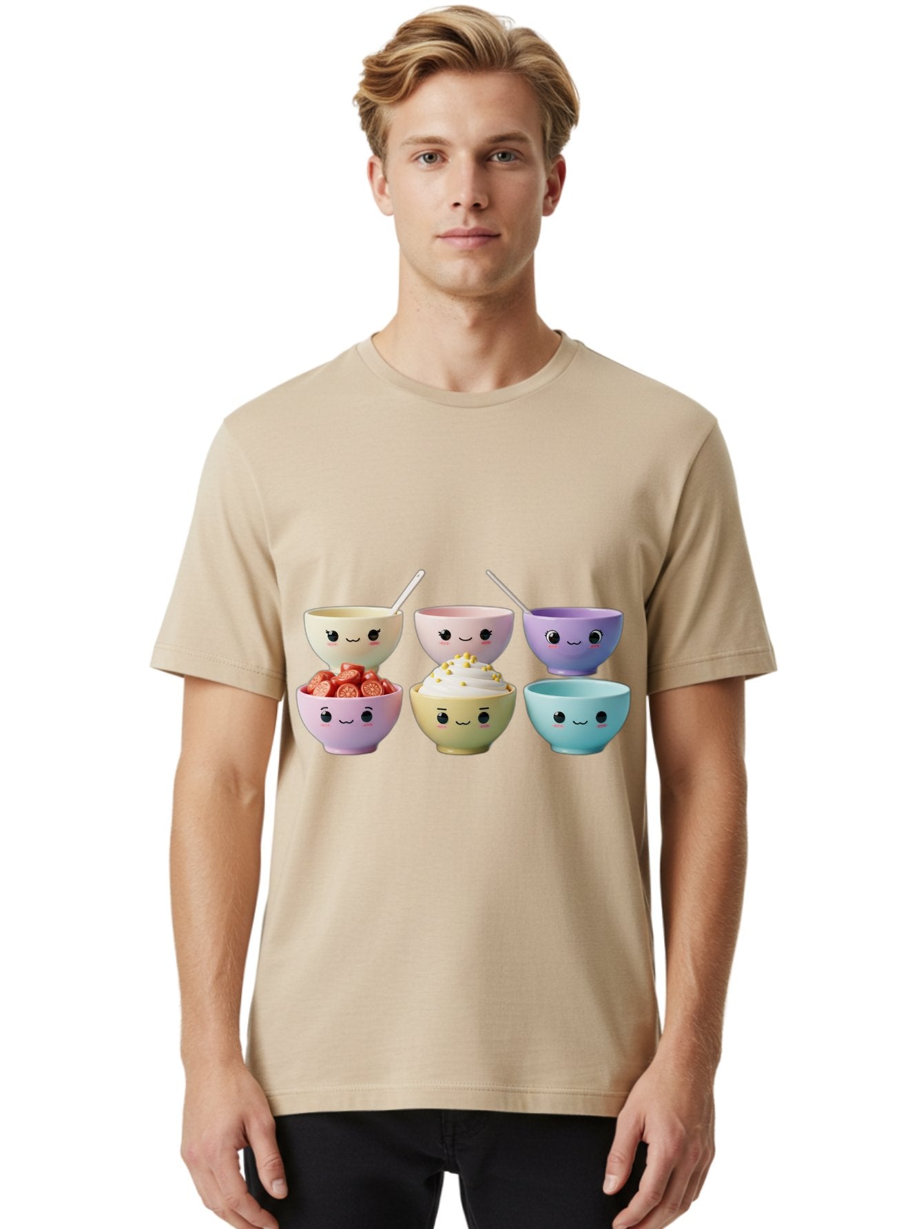 Cute-Bowls Men'S Graphic Tee, 100% Cotton, Comfortable Casual Summer Wear, Machine Washable, Cute Bowls, Dessert Bowls, Ice Cream Bowls, Cartoon Faces, Pastel Colors, Smiling Bowls, Food Bowls, Sweet Treats, Yogurt Bowls, Cartoon Desserts Baa432 24