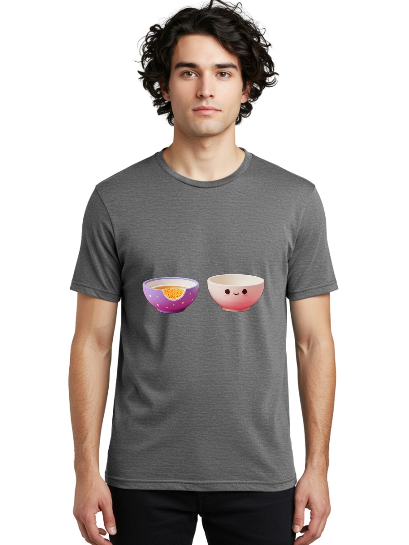 Cute-Ceramic-Bowls Men'S Graphic Tee, 100% Cotton, Comfortable Casual Summer Wear, Machine Washable, Kawaii Bowls, Happy Face, Cartoon Design, Ceramic Bowls, Minimalist Art, Cute Kitchenware, Breakfast Bowls, Dessert Bowls, Funny Faces, Baa433 22