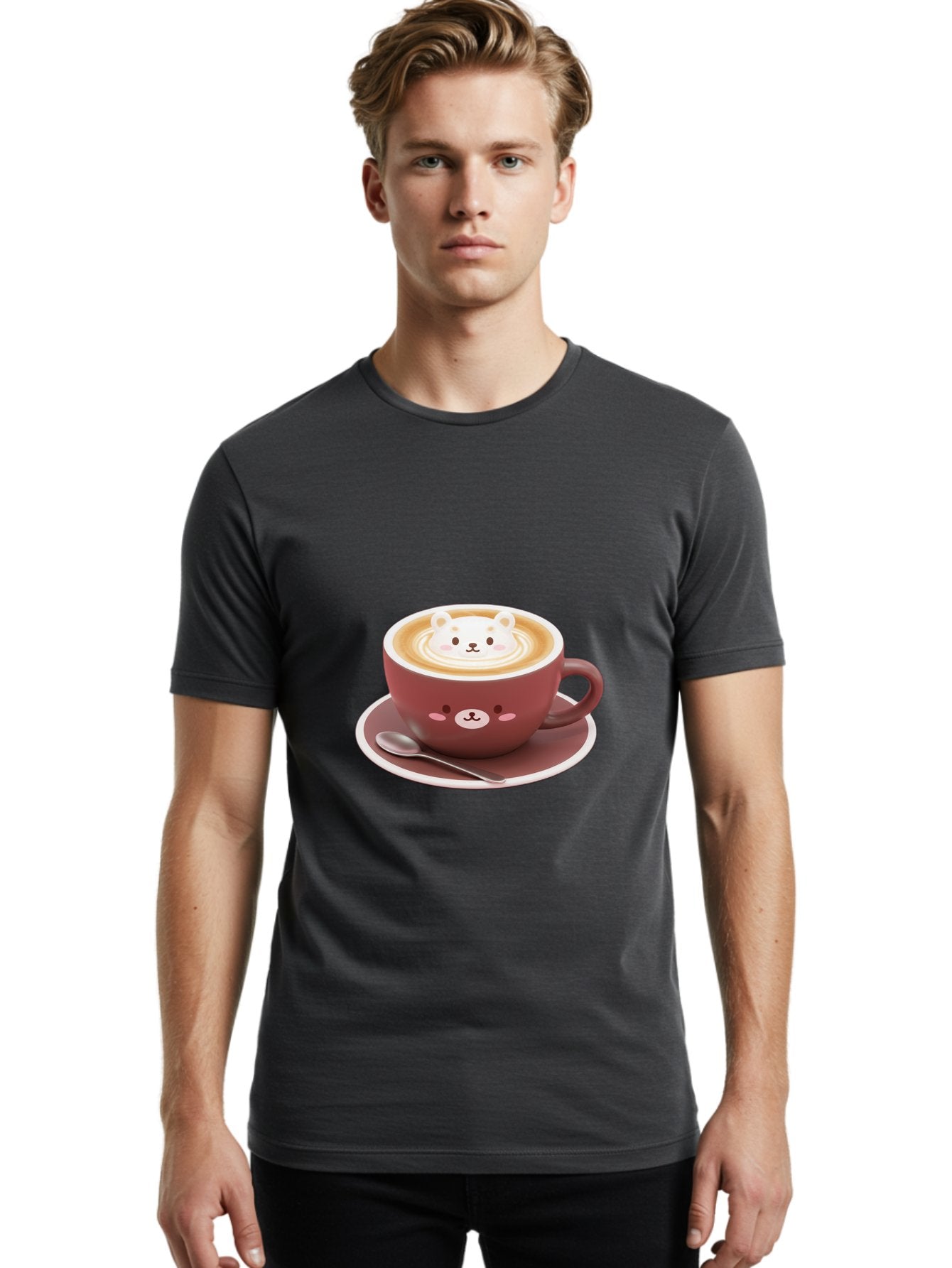 Cute-Coffee-Bear Men'S Graphic Tee, 100% Cotton, Comfortable Casual Summer Wear, Machine Washable, Coffee Latte Art, Bear Design, Cartoon Character, Coffee Cup, Saucer, Spoon, Cute Illustration, Kawaii, Morning Coffee, Bear Face Baa434 23