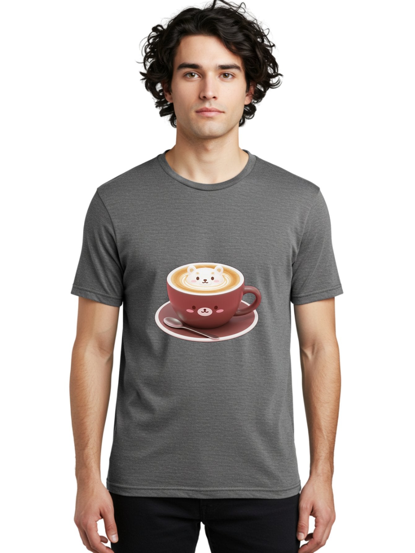 Cute-Coffee-Bear Men'S Graphic Tee, 100% Cotton, Comfortable Casual Summer Wear, Machine Washable, Coffee Latte Art, Bear Design, Cartoon Character, Coffee Cup, Saucer, Spoon, Cute Illustration, Kawaii, Morning Coffee, Bear Face Baa434 20