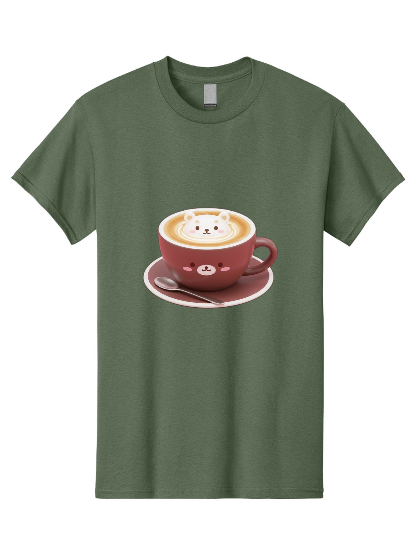 Cute-Coffee-Bear Men'S Graphic Tee, 100% Cotton, Comfortable Casual Summer Wear, Machine Washable, Coffee Latte Art, Bear Design, Cartoon Character, Coffee Cup, Saucer, Spoon, Cute Illustration, Kawaii, Morning Coffee, Bear Face Baa434