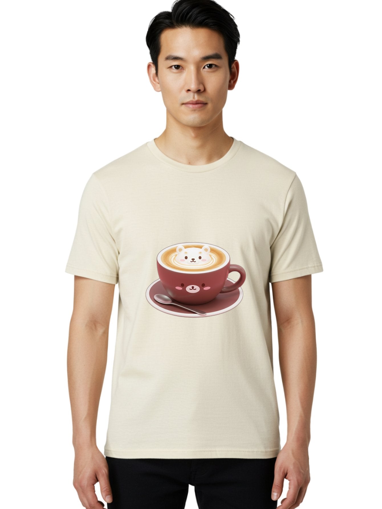 Cute-Coffee-Bear Men'S Graphic Tee, 100% Cotton, Comfortable Casual Summer Wear, Machine Washable, Coffee Latte Art, Bear Design, Cartoon Character, Coffee Cup, Saucer, Spoon, Cute Illustration, Kawaii, Morning Coffee, Bear Face Baa434 24