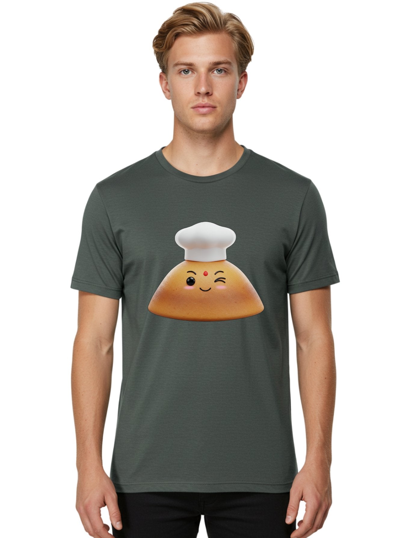 Cute-Dosa Men'S Graphic Tee, 100% Cotton, Comfortable Casual Summer Wear, Machine Washable, Cartoon Samosa, Chef Hat, Smiling Face, Cute Character, Playful Design, Food Illustration, Winking Eye, Red Bindi, Rosy Cheeks, Whimsical Art Baa436 20