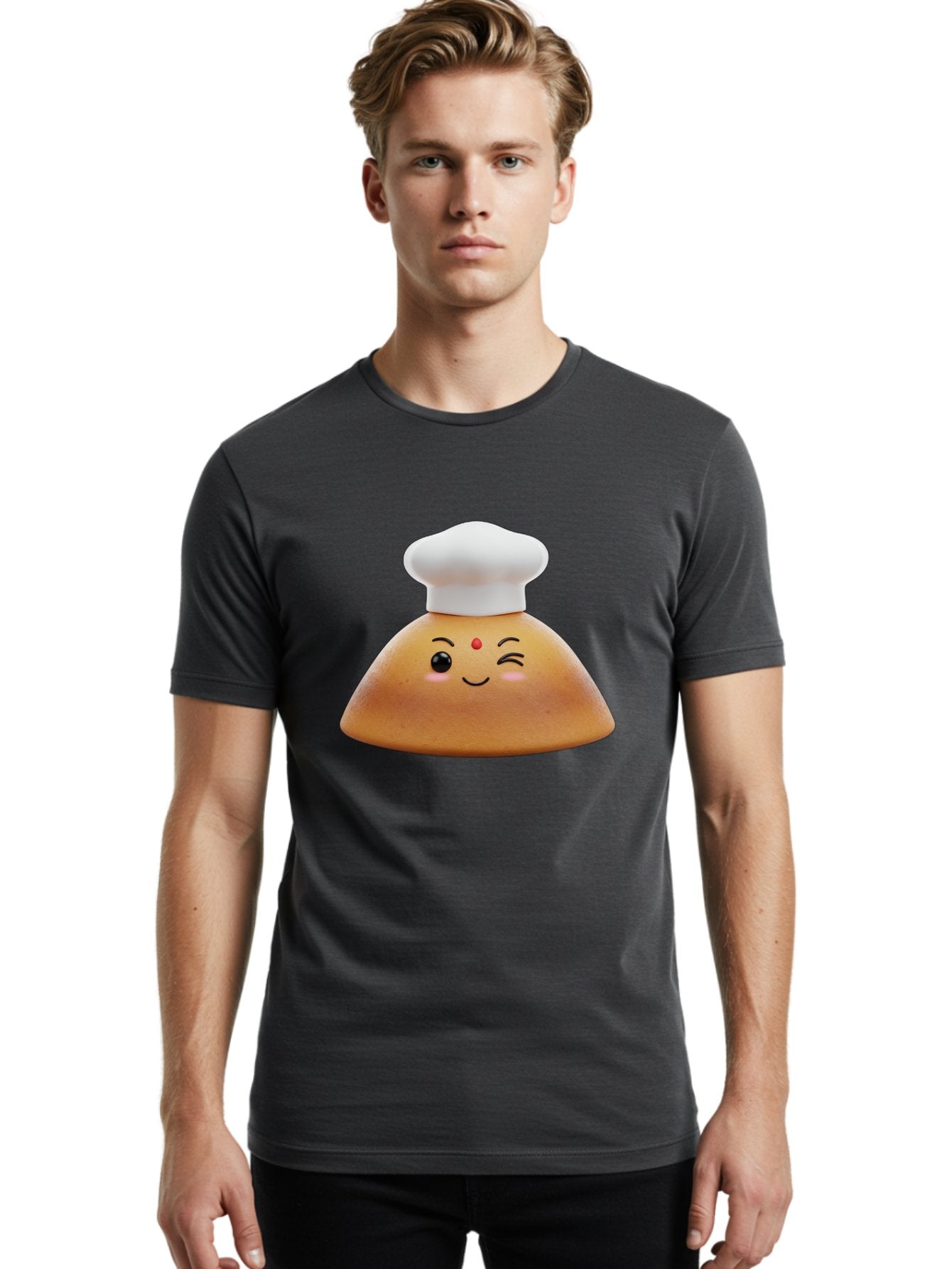 Cute-Dosa Men'S Graphic Tee, 100% Cotton, Comfortable Casual Summer Wear, Machine Washable, Cartoon Samosa, Chef Hat, Smiling Face, Cute Character, Playful Design, Food Illustration, Winking Eye, Red Bindi, Rosy Cheeks, Whimsical Art Baa436 29