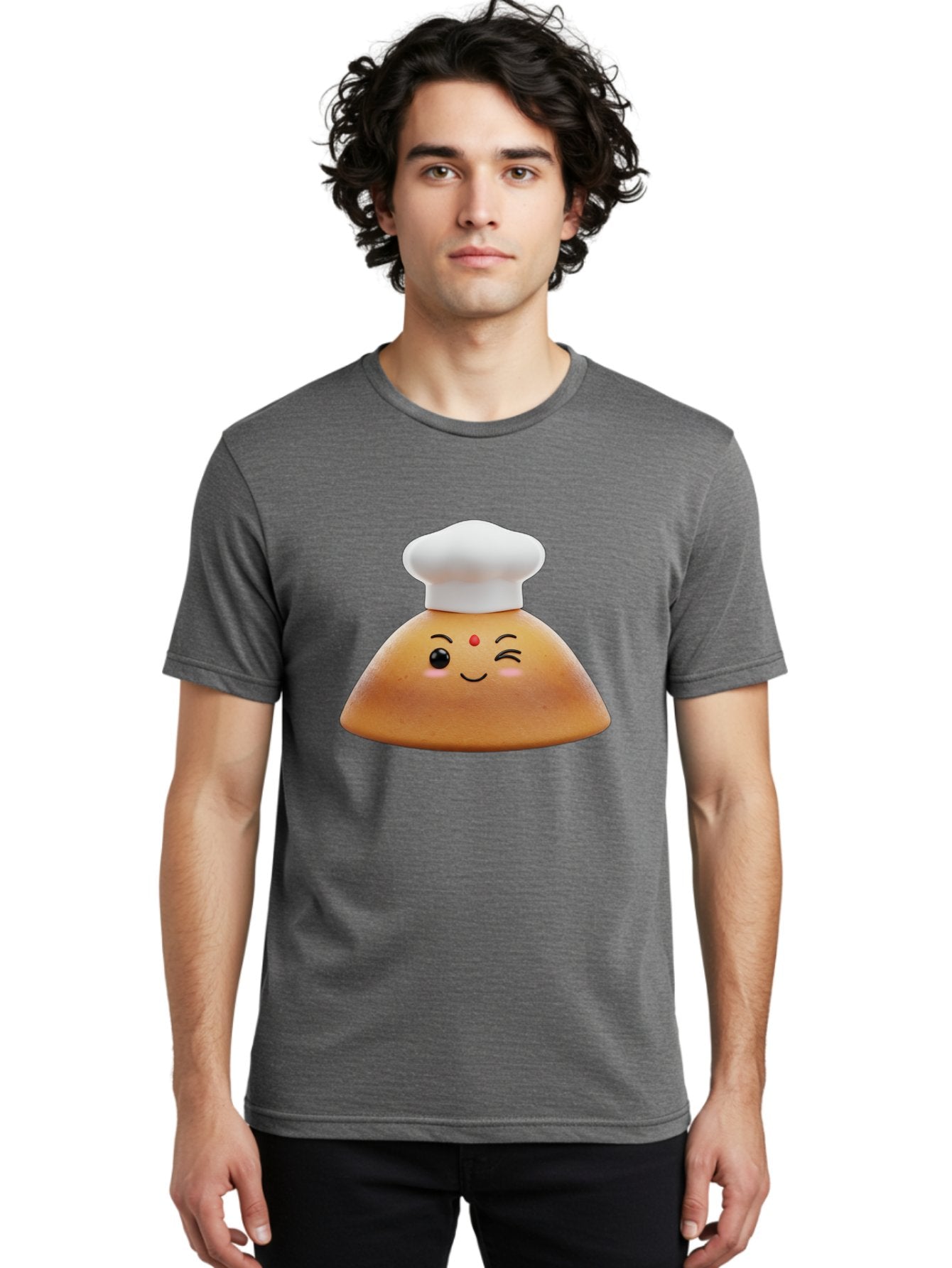 Cute-Dosa Men'S Graphic Tee, 100% Cotton, Comfortable Casual Summer Wear, Machine Washable, Cartoon Samosa, Chef Hat, Smiling Face, Cute Character, Playful Design, Food Illustration, Winking Eye, Red Bindi, Rosy Cheeks, Whimsical Art Baa436 21