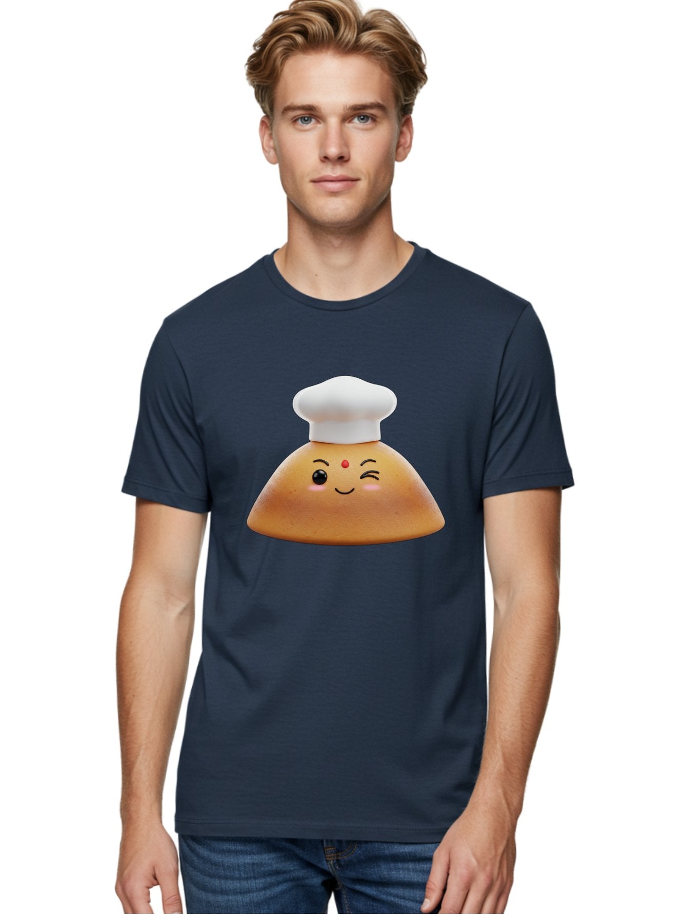 Cute-Dosa Men'S Graphic Tee, 100% Cotton, Comfortable Casual Summer Wear, Machine Washable, Cartoon Samosa, Chef Hat, Smiling Face, Cute Character, Playful Design, Food Illustration, Winking Eye, Red Bindi, Rosy Cheeks, Whimsical Art Baa436 22