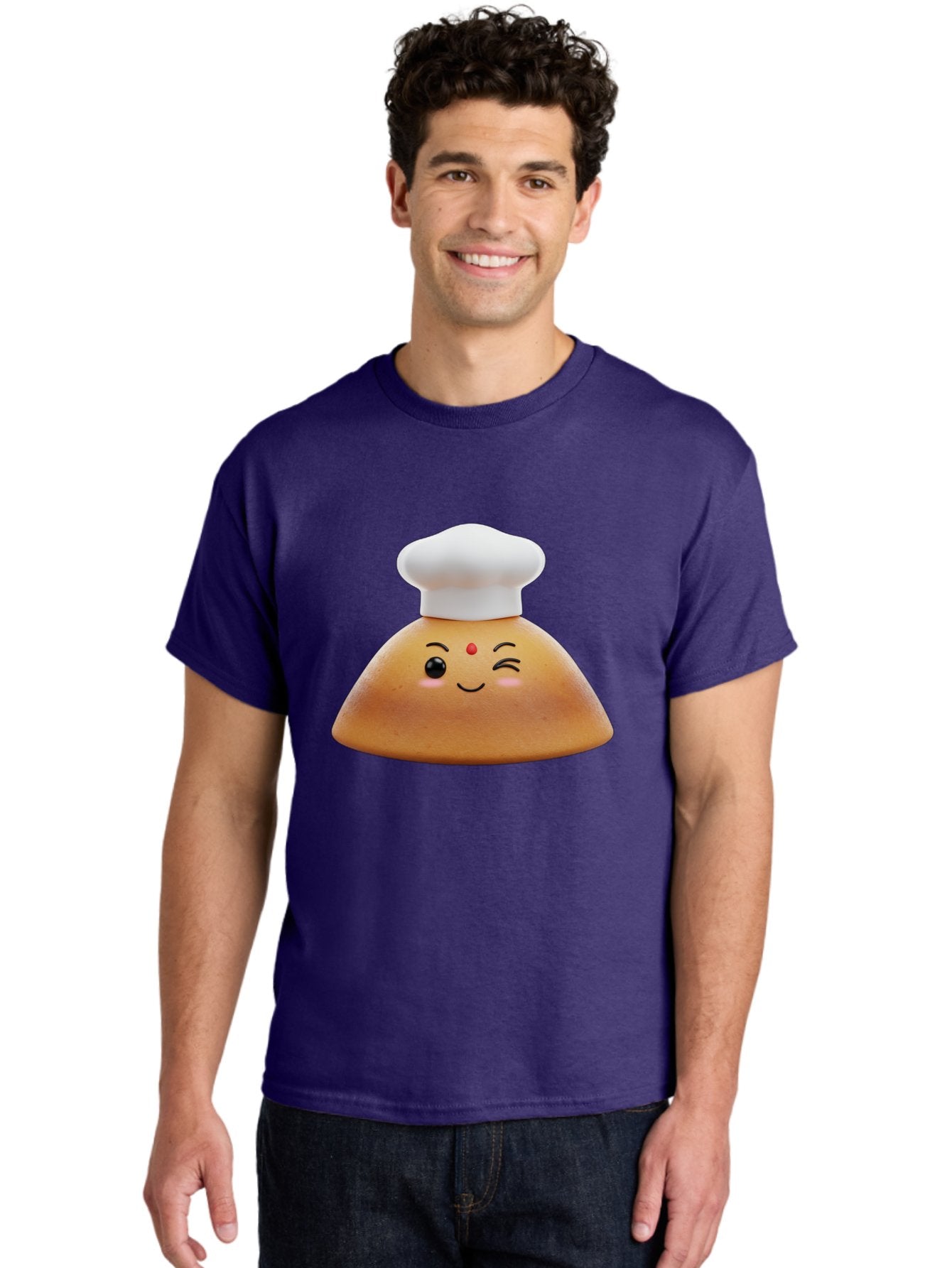 Cute-Dosa Men'S Graphic Tee, 100% Cotton, Comfortable Casual Summer Wear, Machine Washable, Cartoon Samosa, Chef Hat, Smiling Face, Cute Character, Playful Design, Food Illustration, Winking Eye, Red Bindi, Rosy Cheeks, Whimsical Art Baa436 19