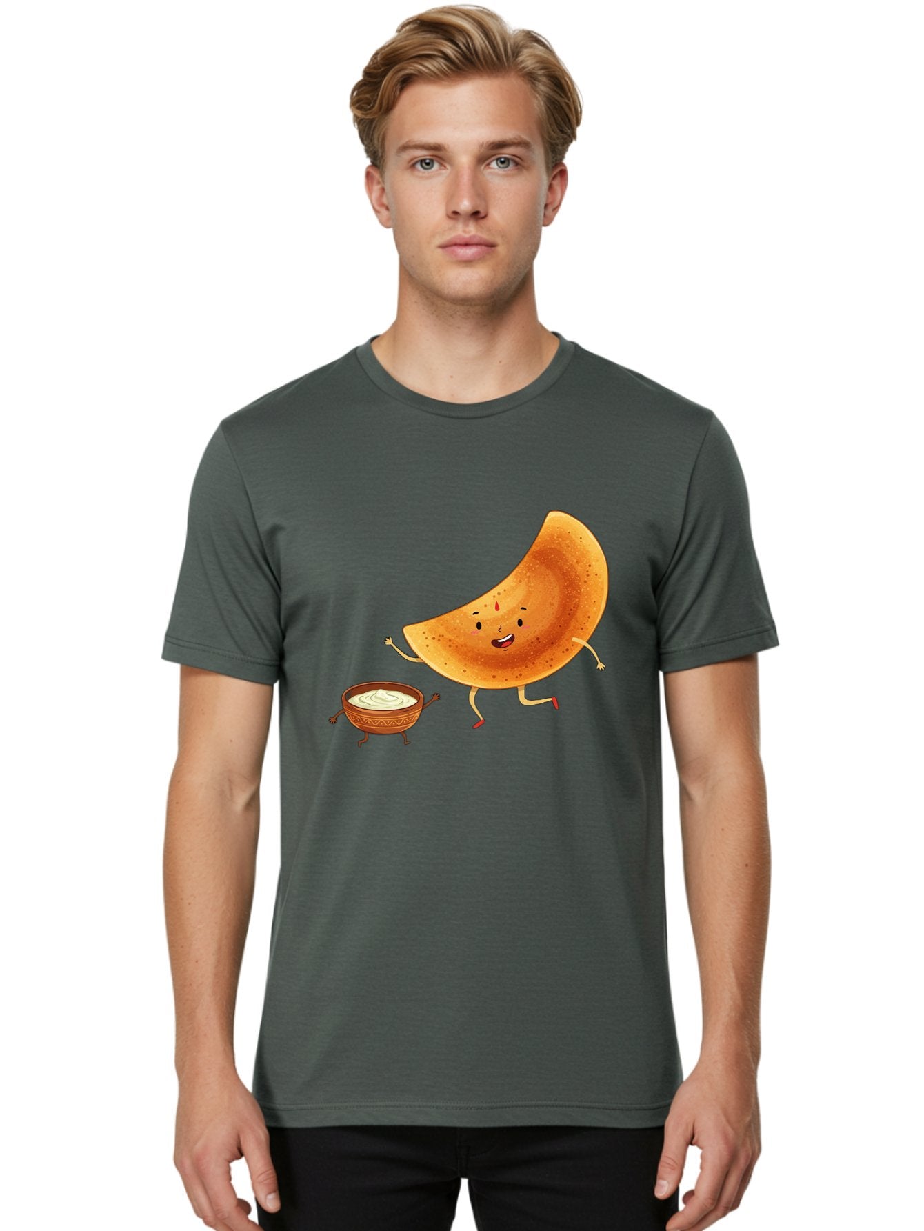 Dancing-Dosa Men'S Graphic Tee, 100% Cotton, Comfortable Casual Summer Wear, Machine Washable, Happy Papadum, Cartoon Character, Papadum With Legs, Papadum And Chutney, Indian Cuisine, Smiling Papadum, Anthropomorphic Food, Baa440 19