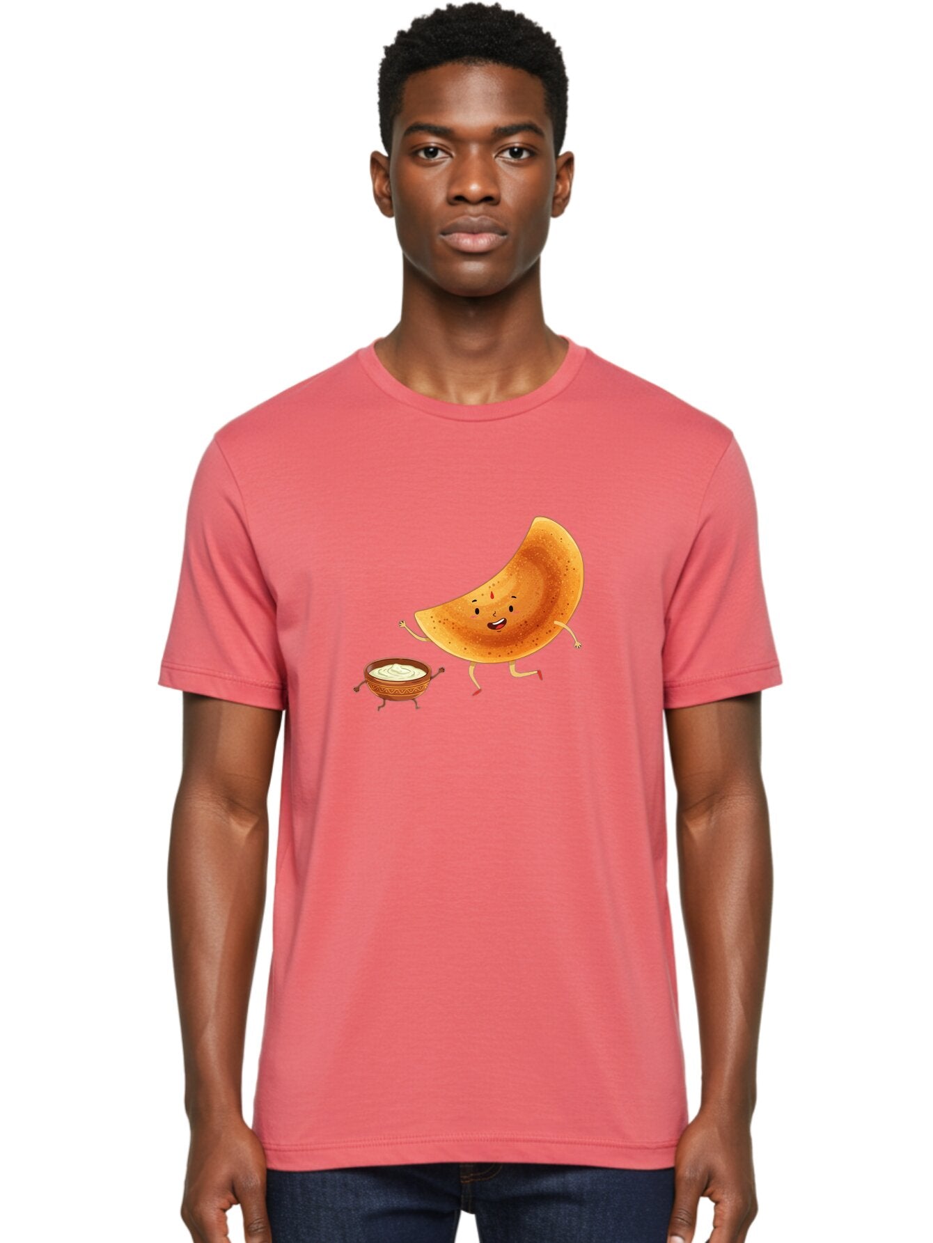 Dancing-Dosa Men'S Graphic Tee, 100% Cotton, Comfortable Casual Summer Wear, Machine Washable, Happy Papadum, Cartoon Character, Papadum With Legs, Papadum And Chutney, Indian Cuisine, Smiling Papadum, Anthropomorphic Food, Baa440 26