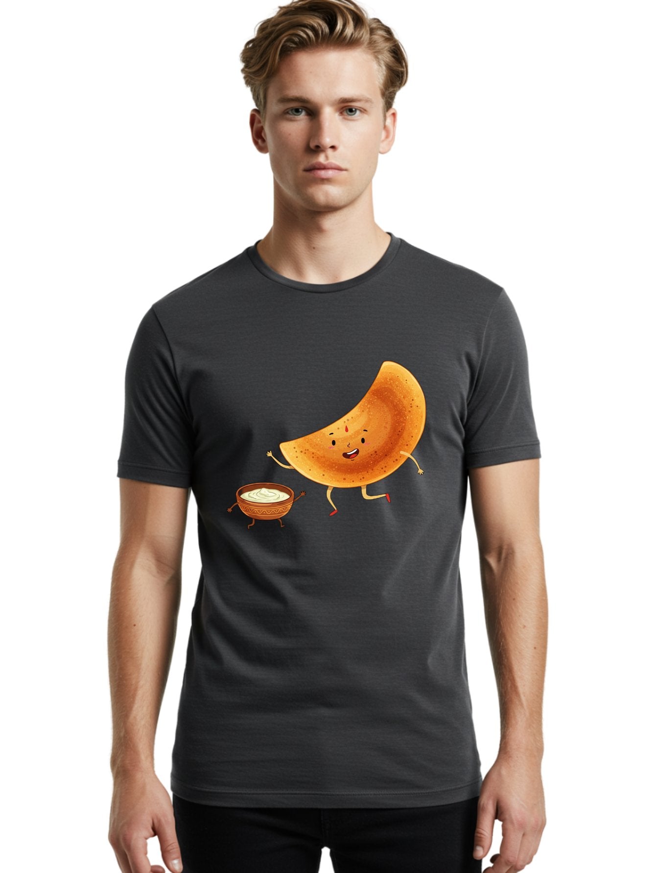 Dancing-Dosa Men'S Graphic Tee, 100% Cotton, Comfortable Casual Summer Wear, Machine Washable, Happy Papadum, Cartoon Character, Papadum With Legs, Papadum And Chutney, Indian Cuisine, Smiling Papadum, Anthropomorphic Food, Baa440 30