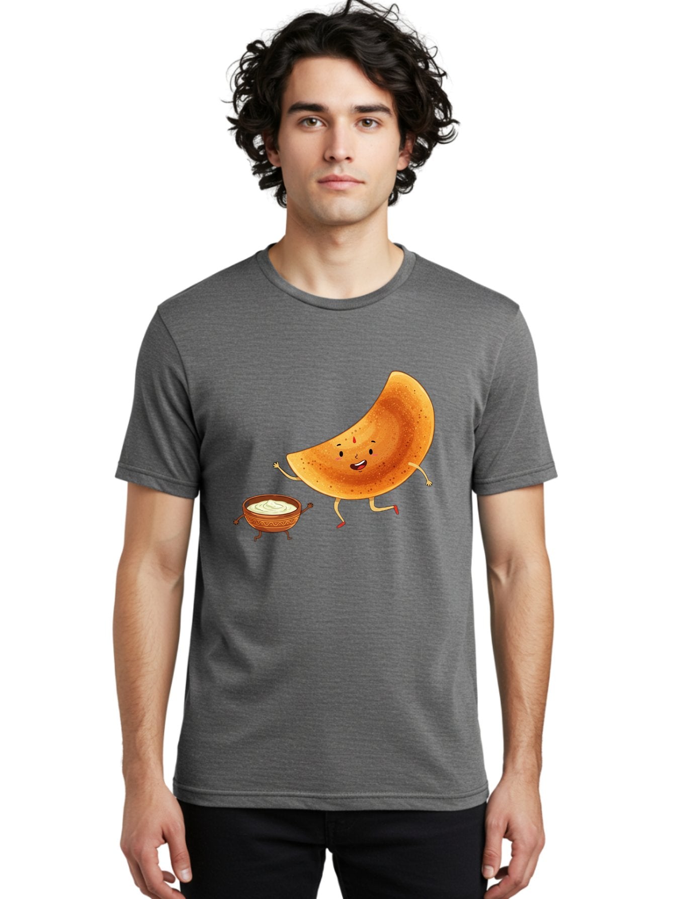 Dancing-Dosa Men'S Graphic Tee, 100% Cotton, Comfortable Casual Summer Wear, Machine Washable, Happy Papadum, Cartoon Character, Papadum With Legs, Papadum And Chutney, Indian Cuisine, Smiling Papadum, Anthropomorphic Food, Baa440 29