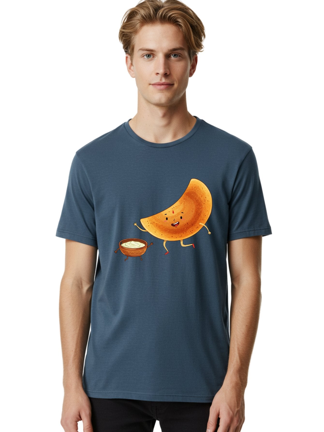 Dancing-Dosa Men'S Graphic Tee, 100% Cotton, Comfortable Casual Summer Wear, Machine Washable, Happy Papadum, Cartoon Character, Papadum With Legs, Papadum And Chutney, Indian Cuisine, Smiling Papadum, Anthropomorphic Food, Baa440 24