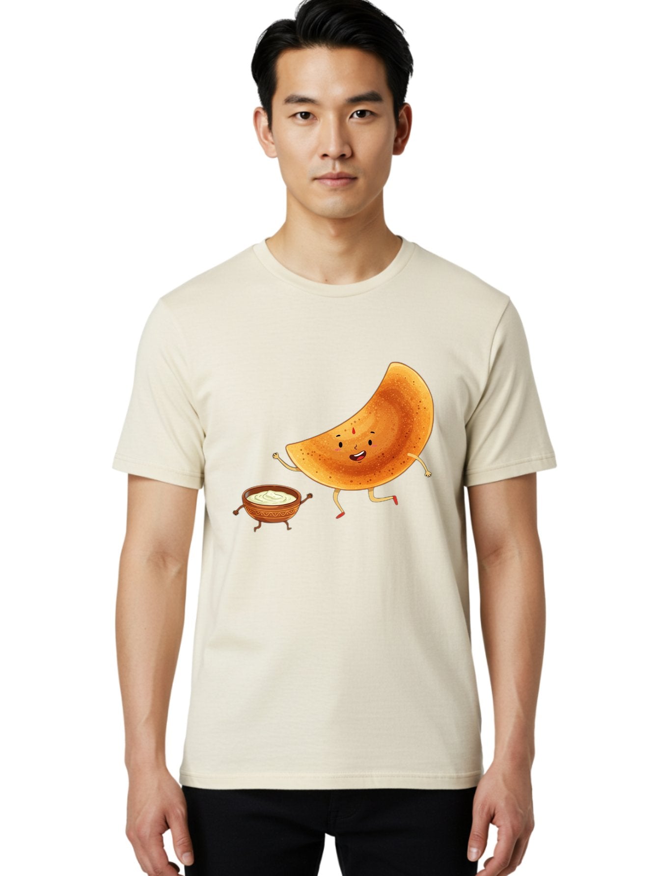 Dancing-Dosa Men'S Graphic Tee, 100% Cotton, Comfortable Casual Summer Wear, Machine Washable, Happy Papadum, Cartoon Character, Papadum With Legs, Papadum And Chutney, Indian Cuisine, Smiling Papadum, Anthropomorphic Food, Baa440 28