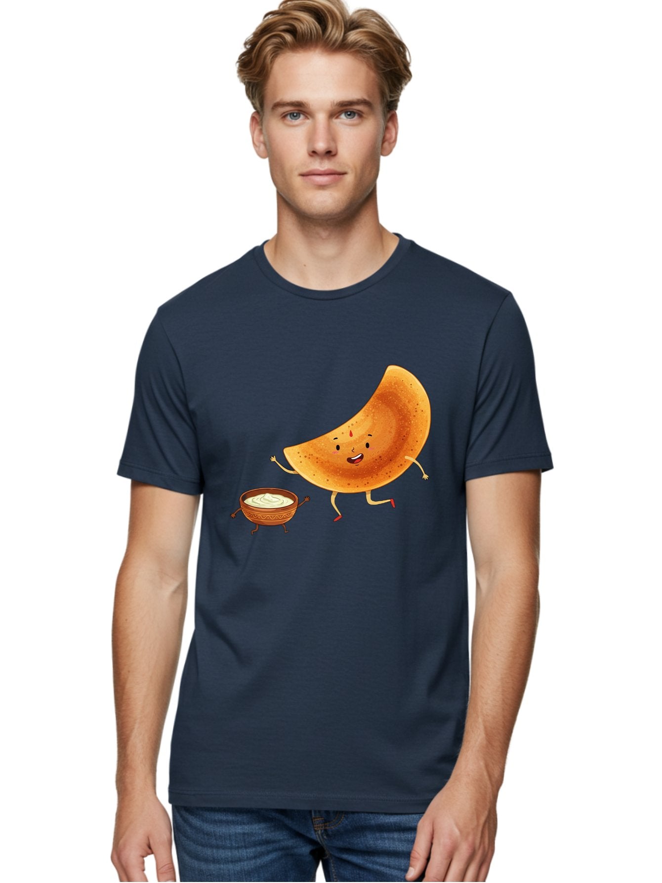 Dancing-Dosa Men'S Graphic Tee, 100% Cotton, Comfortable Casual Summer Wear, Machine Washable, Happy Papadum, Cartoon Character, Papadum With Legs, Papadum And Chutney, Indian Cuisine, Smiling Papadum, Anthropomorphic Food, Baa440 18