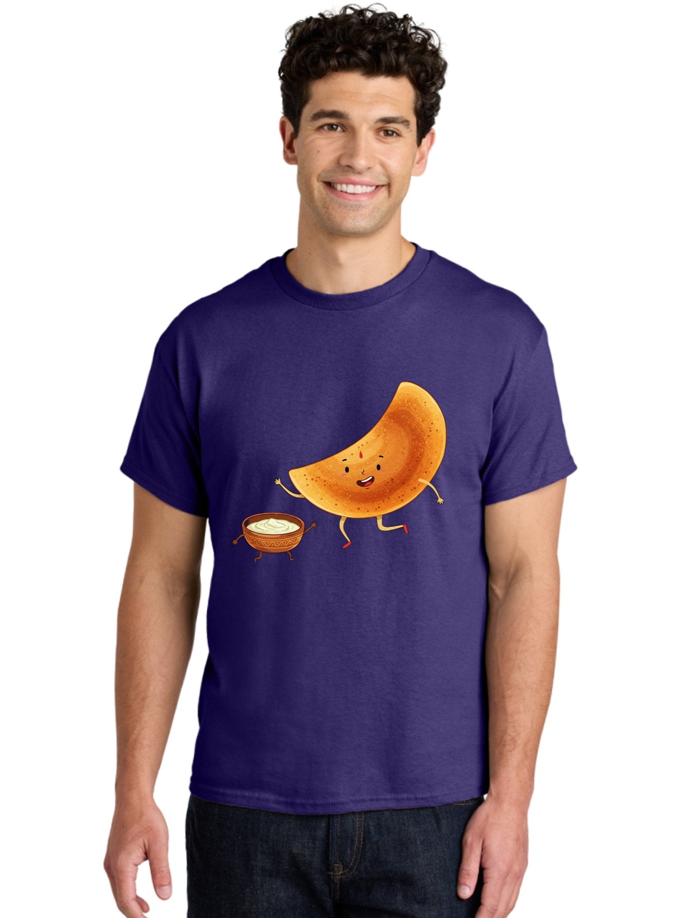 Dancing-Dosa Men'S Graphic Tee, 100% Cotton, Comfortable Casual Summer Wear, Machine Washable, Happy Papadum, Cartoon Character, Papadum With Legs, Papadum And Chutney, Indian Cuisine, Smiling Papadum, Anthropomorphic Food, Baa440 20