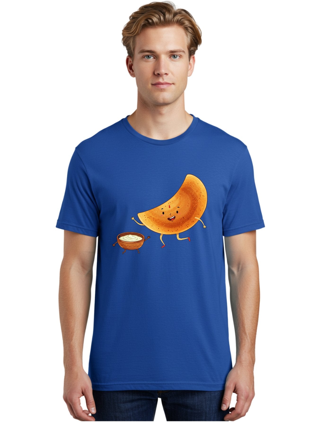 Dancing-Dosa Men'S Graphic Tee, 100% Cotton, Comfortable Casual Summer Wear, Machine Washable, Happy Papadum, Cartoon Character, Papadum With Legs, Papadum And Chutney, Indian Cuisine, Smiling Papadum, Anthropomorphic Food, Baa440 27