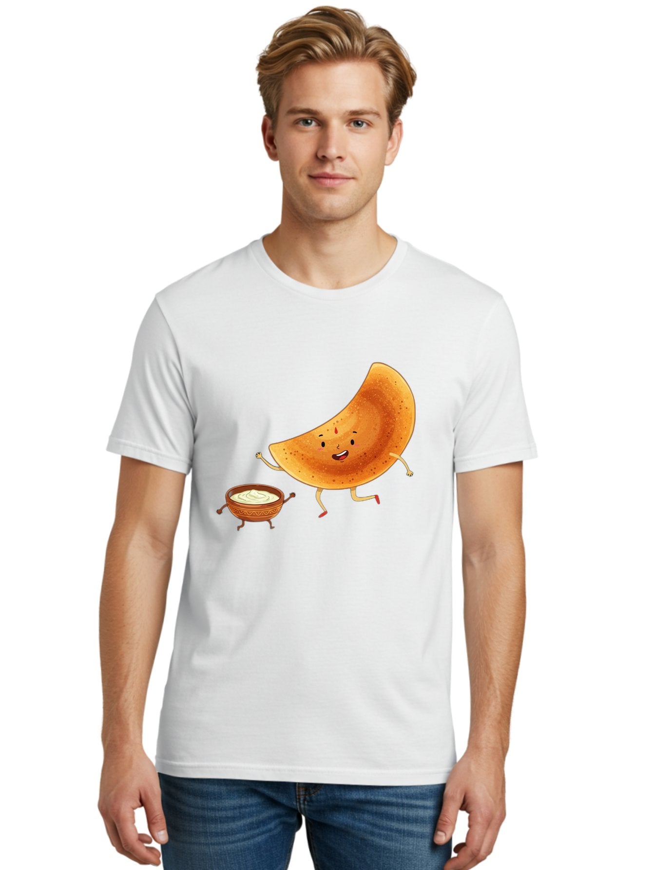 Dancing-Dosa Men'S Graphic Tee, 100% Cotton, Comfortable Casual Summer Wear, Machine Washable, Happy Papadum, Cartoon Character, Papadum With Legs, Papadum And Chutney, Indian Cuisine, Smiling Papadum, Anthropomorphic Food, Baa440 16