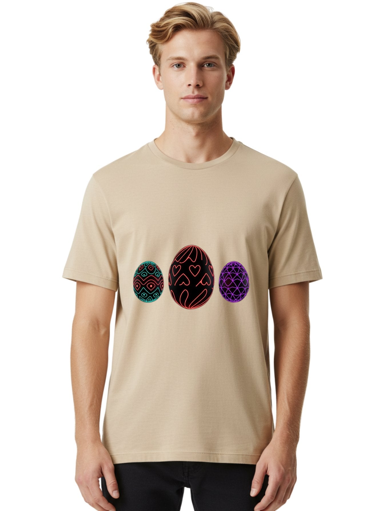 Decorative-Eggs Men'S Graphic Tee, 100% Cotton, Comfortable Casual Summer Wear, Machine Washable, Decorated Eggs, Easter Eggs, Colorful Patterns, Abstract Designs, Heart Motifs, Geometric Shapes, Festive, Vibrant Colors, Easter Celebration Baa443 23