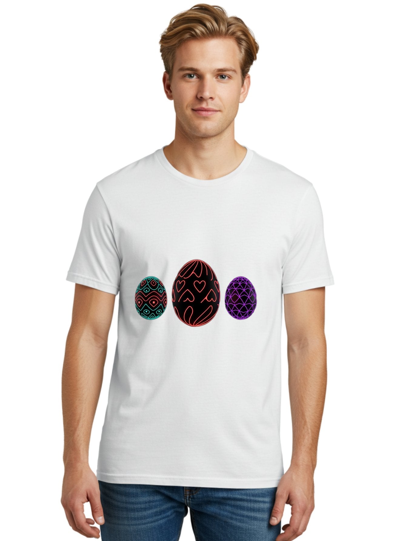 Decorative-Eggs Men'S Graphic Tee, 100% Cotton, Comfortable Casual Summer Wear, Machine Washable, Decorated Eggs, Easter Eggs, Colorful Patterns, Abstract Designs, Heart Motifs, Geometric Shapes, Festive, Vibrant Colors, Easter Celebration Baa443 19