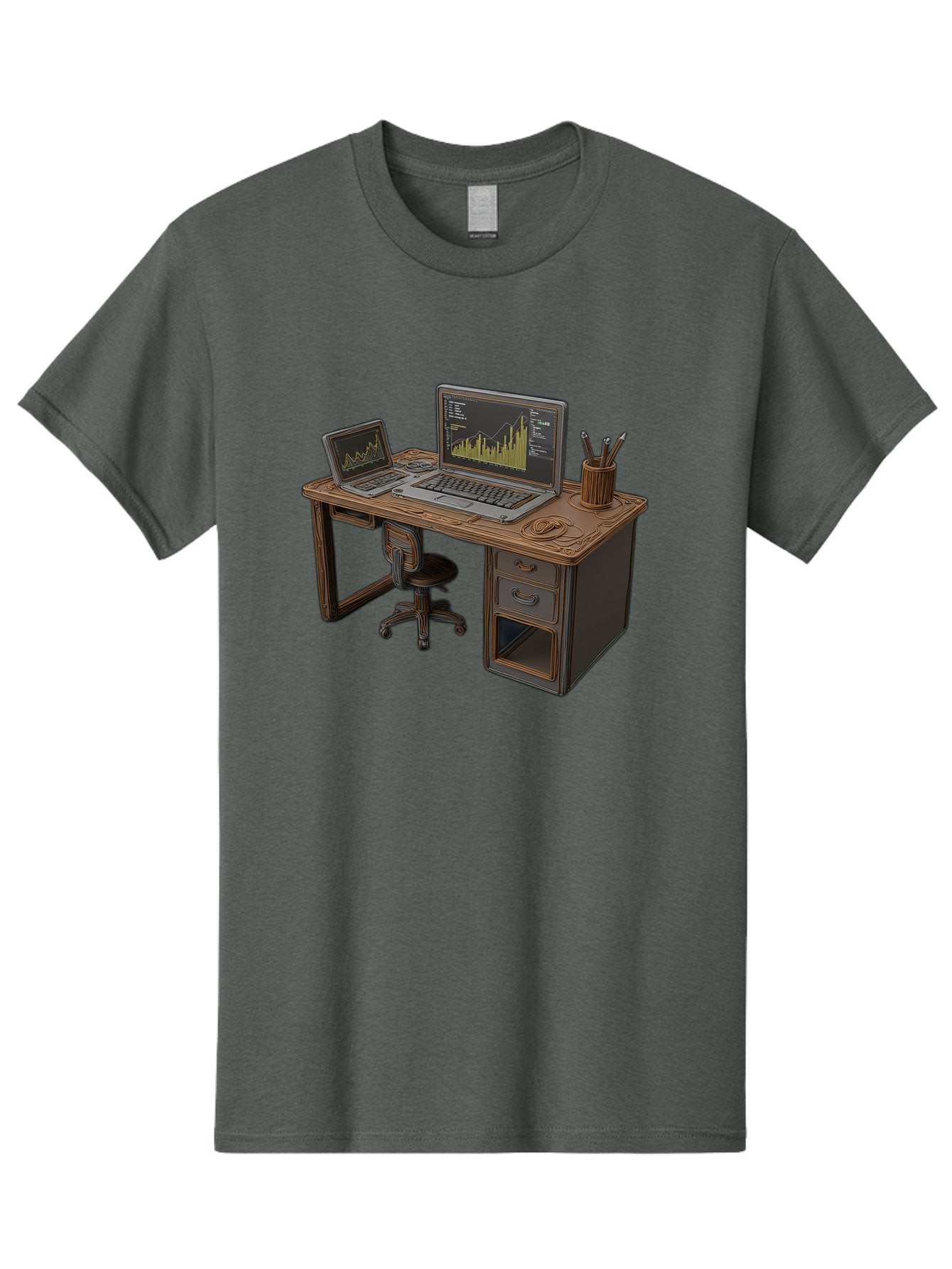 Desk-With-Laptops-And-Stationery Men'S Graphic Tee, 100% Cotton, Comfortable Casual Summer Wear, Machine Washable, Dual Laptop Setup, Home Office, Productivity, Wooden Desk, Office Supplies, Graphs On Screens, Tech Workspace, Workflow, Baa446 7