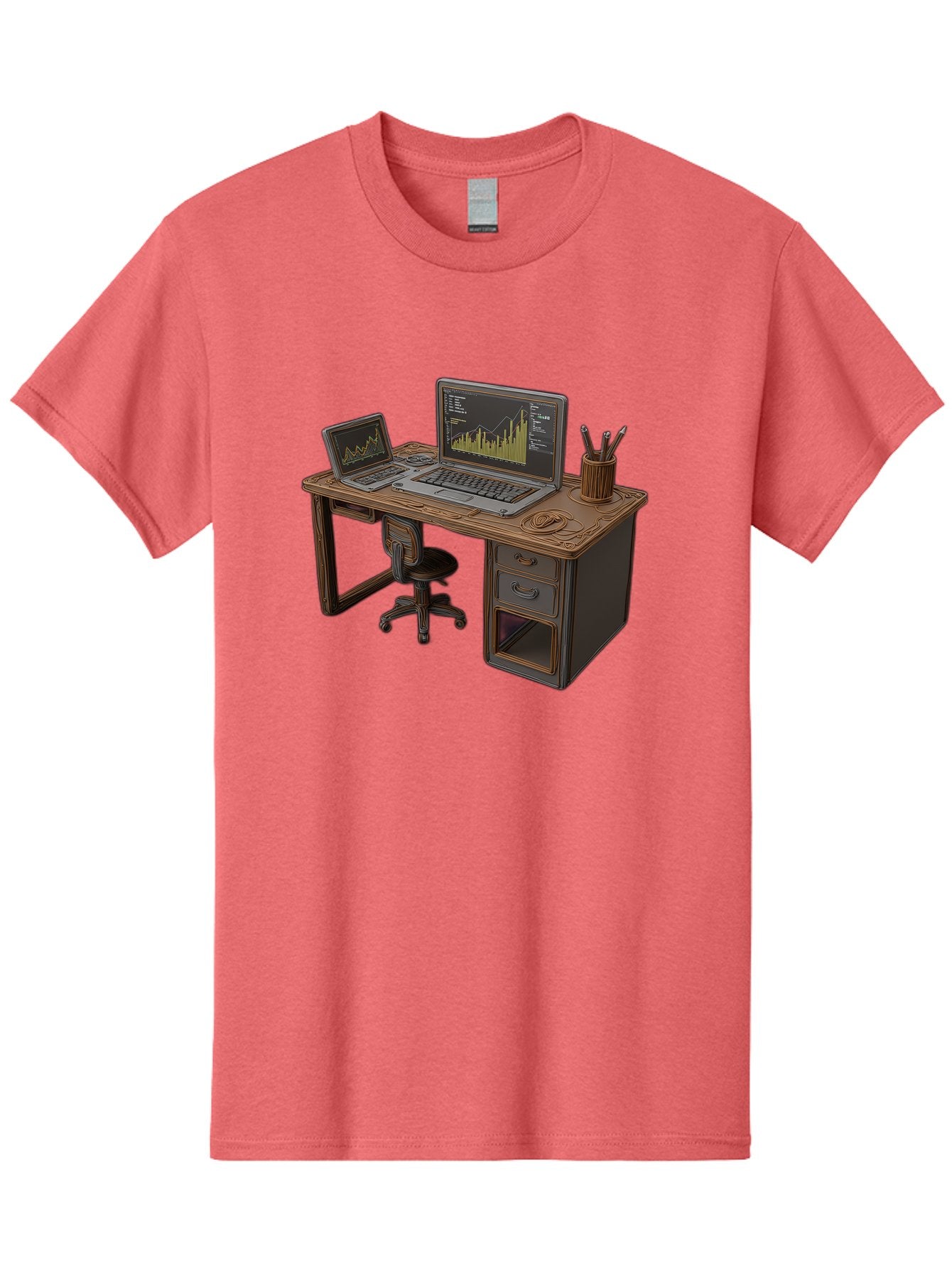 Desk-With-Laptops-And-Stationery Men'S Graphic Tee, 100% Cotton, Comfortable Casual Summer Wear, Machine Washable, Dual Laptop Setup, Home Office, Productivity, Wooden Desk, Office Supplies, Graphs On Screens, Tech Workspace, Workflow, Baa446 6
