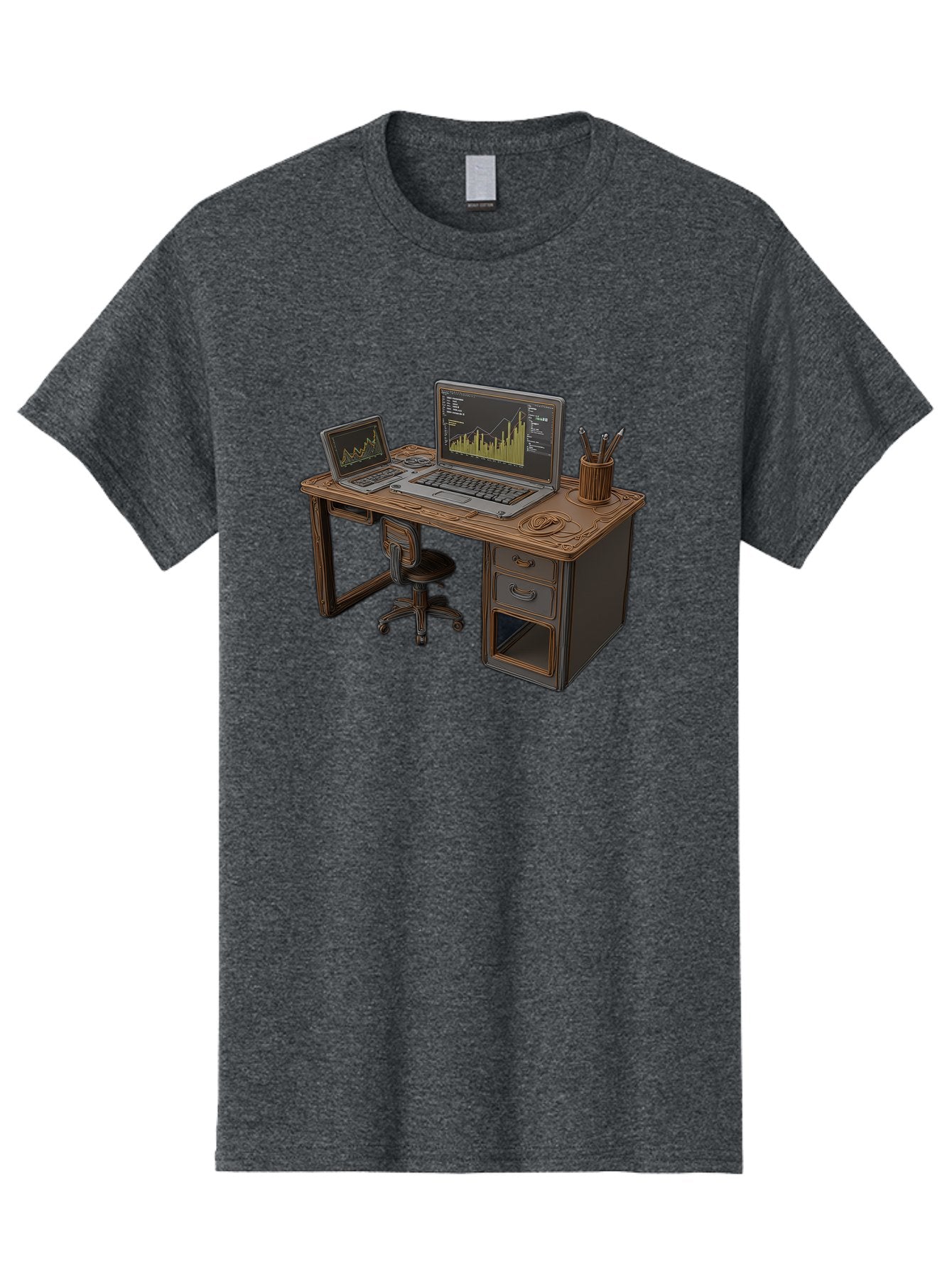 Desk-With-Laptops-And-Stationery Men'S Graphic Tee, 100% Cotton, Comfortable Casual Summer Wear, Machine Washable, Dual Laptop Setup, Home Office, Productivity, Wooden Desk, Office Supplies, Graphs On Screens, Tech Workspace, Workflow, Baa446 9