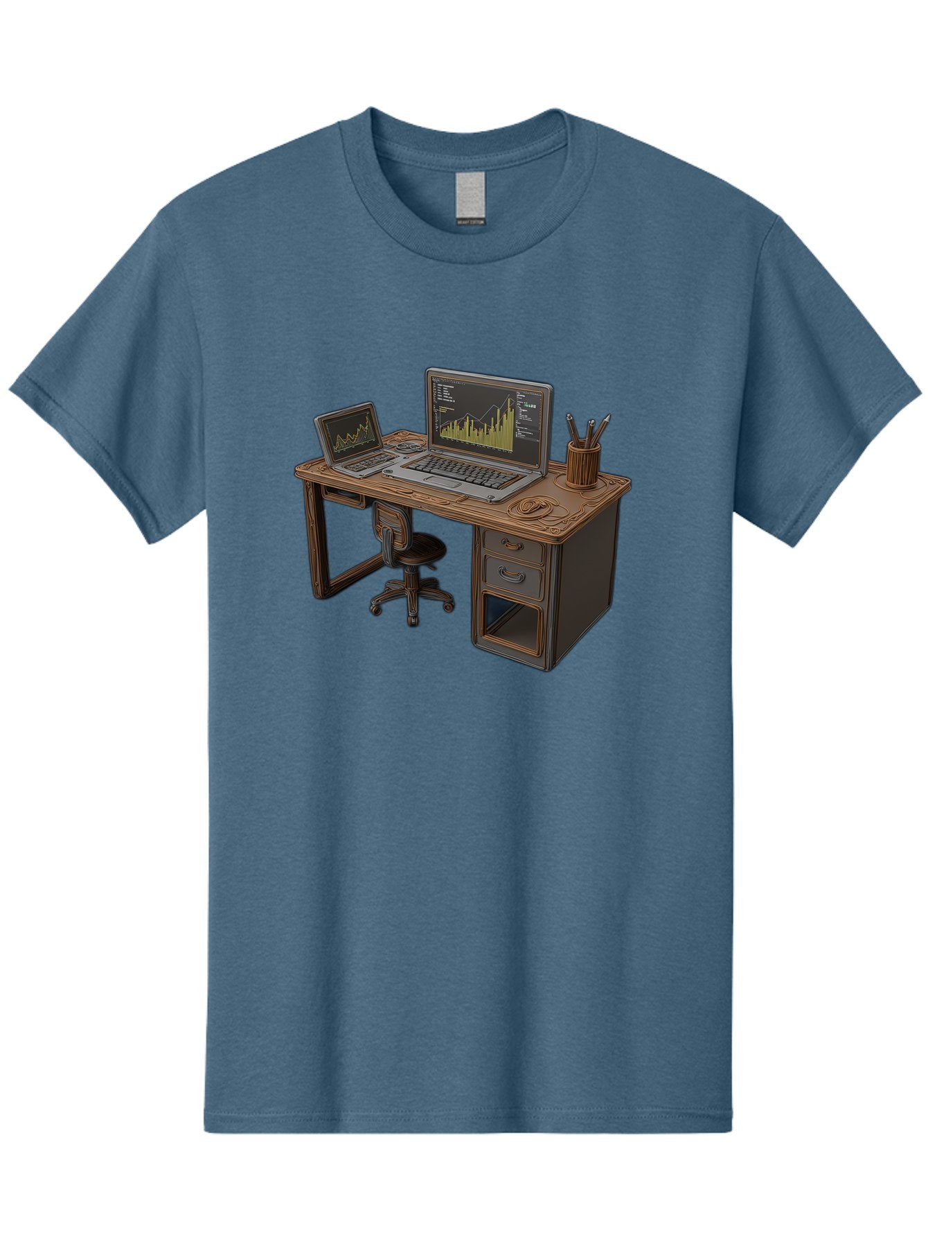 Desk-With-Laptops-And-Stationery Men'S Graphic Tee, 100% Cotton, Comfortable Casual Summer Wear, Machine Washable, Dual Laptop Setup, Home Office, Productivity, Wooden Desk, Office Supplies, Graphs On Screens, Tech Workspace, Workflow, Baa446