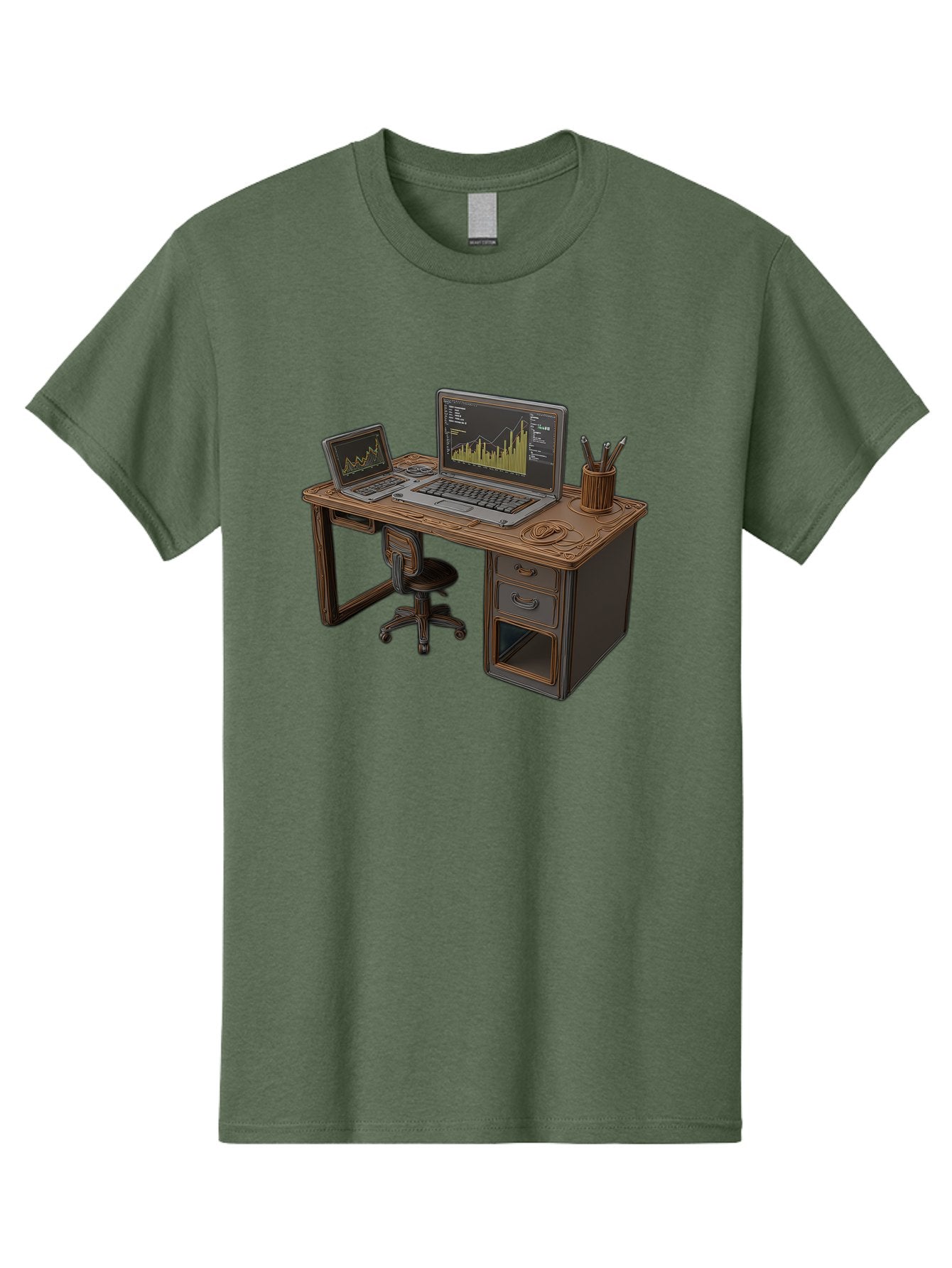 Desk-With-Laptops-And-Stationery Men'S Graphic Tee, 100% Cotton, Comfortable Casual Summer Wear, Machine Washable, Dual Laptop Setup, Home Office, Productivity, Wooden Desk, Office Supplies, Graphs On Screens, Tech Workspace, Workflow, Baa446 11