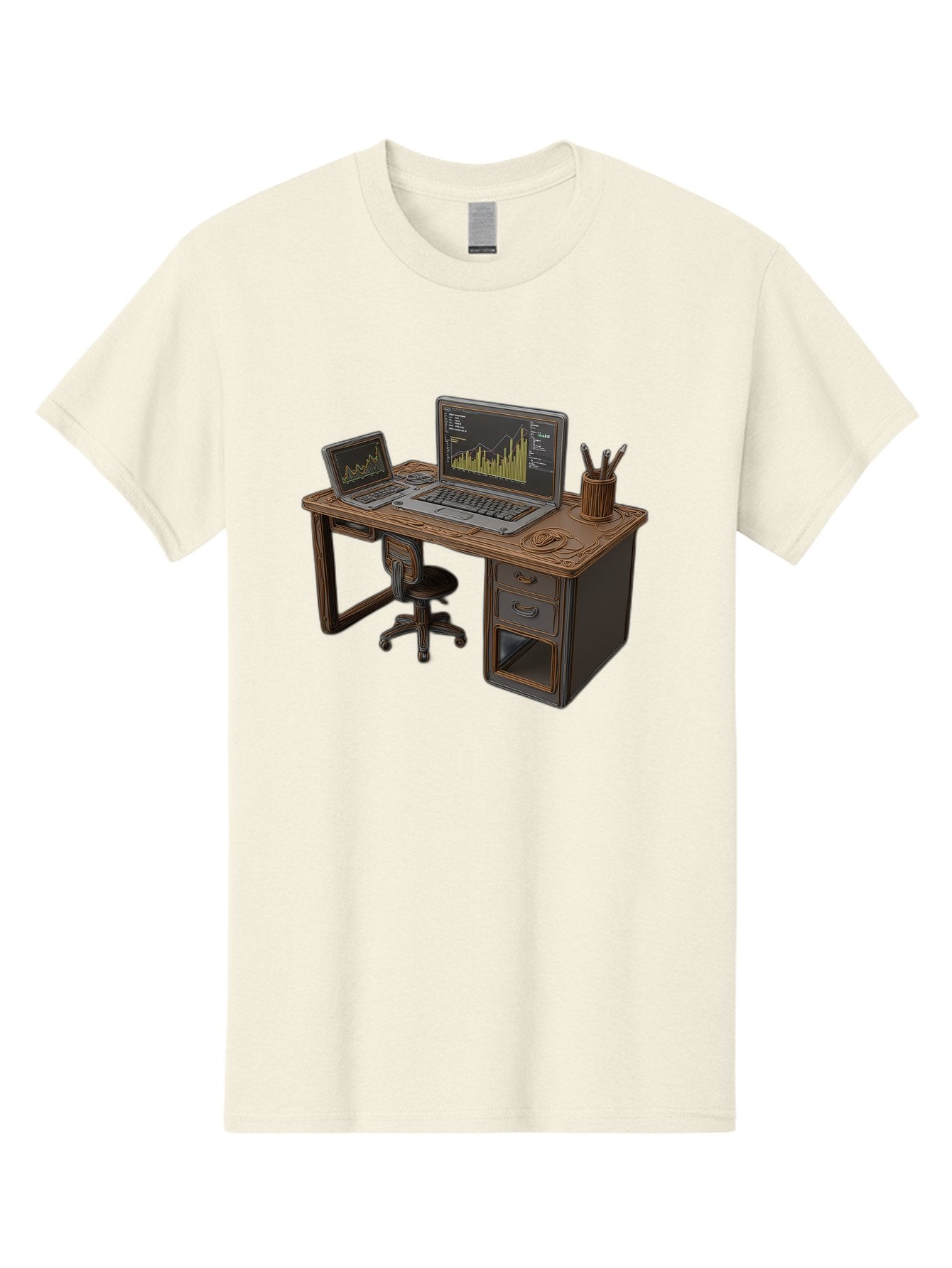Desk-With-Laptops-And-Stationery Men'S Graphic Tee, 100% Cotton, Comfortable Casual Summer Wear, Machine Washable, Dual Laptop Setup, Home Office, Productivity, Wooden Desk, Office Supplies, Graphs On Screens, Tech Workspace, Workflow, Baa446 12