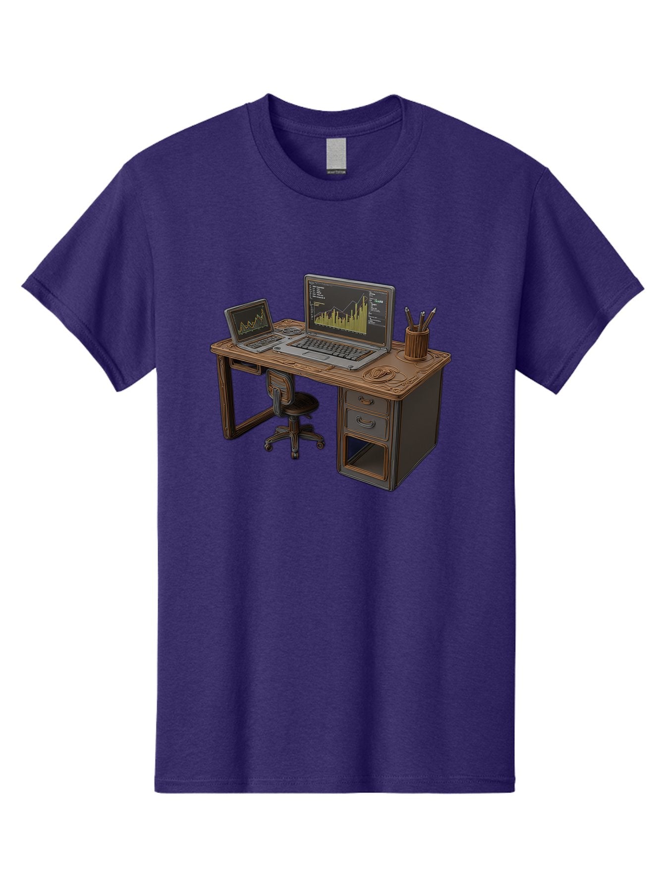 Desk-With-Laptops-And-Stationery Men'S Graphic Tee, 100% Cotton, Comfortable Casual Summer Wear, Machine Washable, Dual Laptop Setup, Home Office, Productivity, Wooden Desk, Office Supplies, Graphs On Screens, Tech Workspace, Workflow, Baa446 5