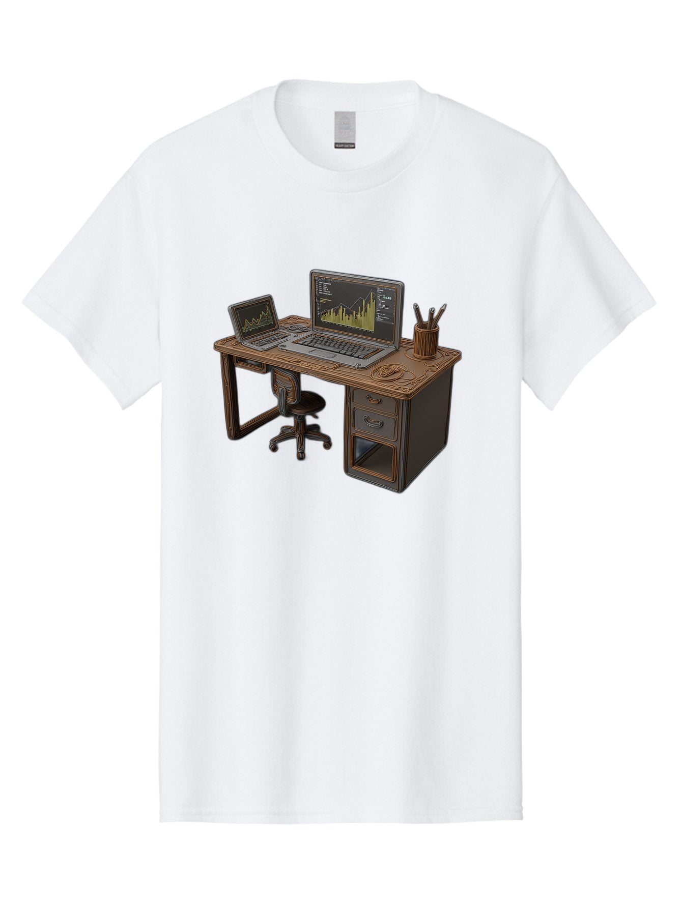Desk-With-Laptops-And-Stationery Men'S Graphic Tee, 100% Cotton, Comfortable Casual Summer Wear, Machine Washable, Dual Laptop Setup, Home Office, Productivity, Wooden Desk, Office Supplies, Graphs On Screens, Tech Workspace, Workflow, Baa446 15