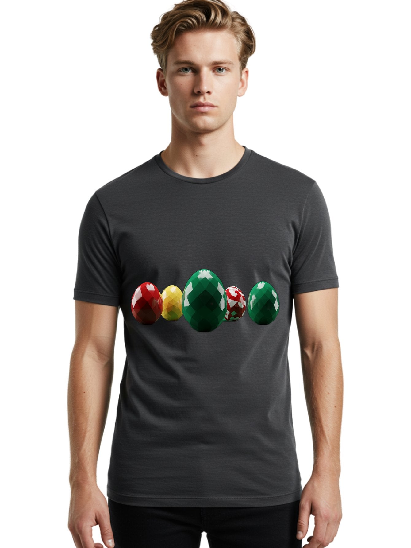 Diamond-Easter-Eggs Men'S Graphic Tee, 100% Cotton, Comfortable Casual Summer Wear, Machine Washable, Diamond Eggs, Easter Eggs, Jewelry Eggs, Colorful Eggs, Faceted Eggs, Decorative Eggs, Shiny Eggs, Gemstone Eggs Baa448 17