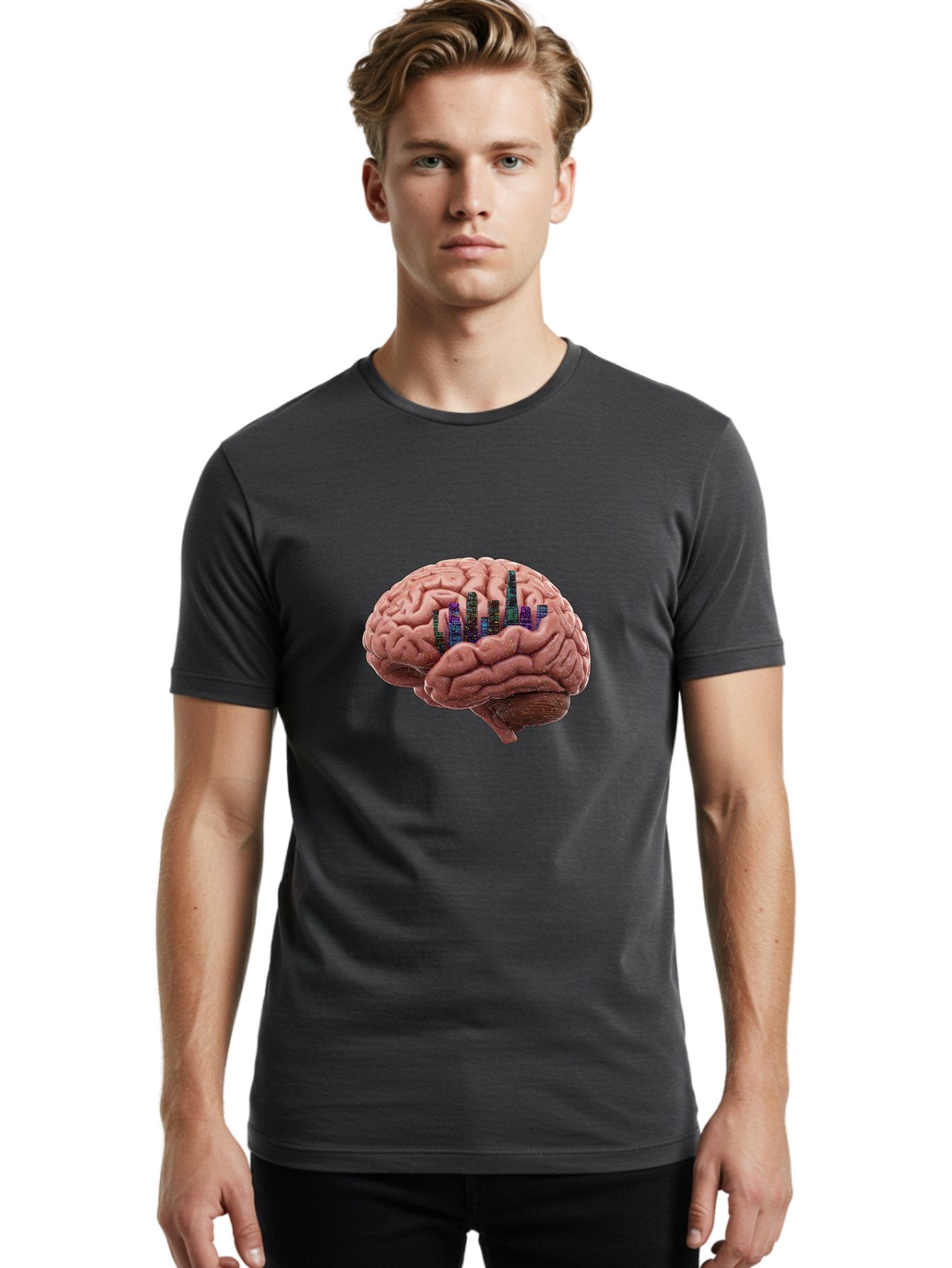 Digital-Brain Men'S Graphic Tee, 100% Cotton, Comfortable Casual Summer Wear, Machine Washable, Human Brain, 3D Barcode, Cognitive Function, Digital Representation, Neuroscience, Technology Integration, Data Encoding, Innovative Concept, Baa449 28